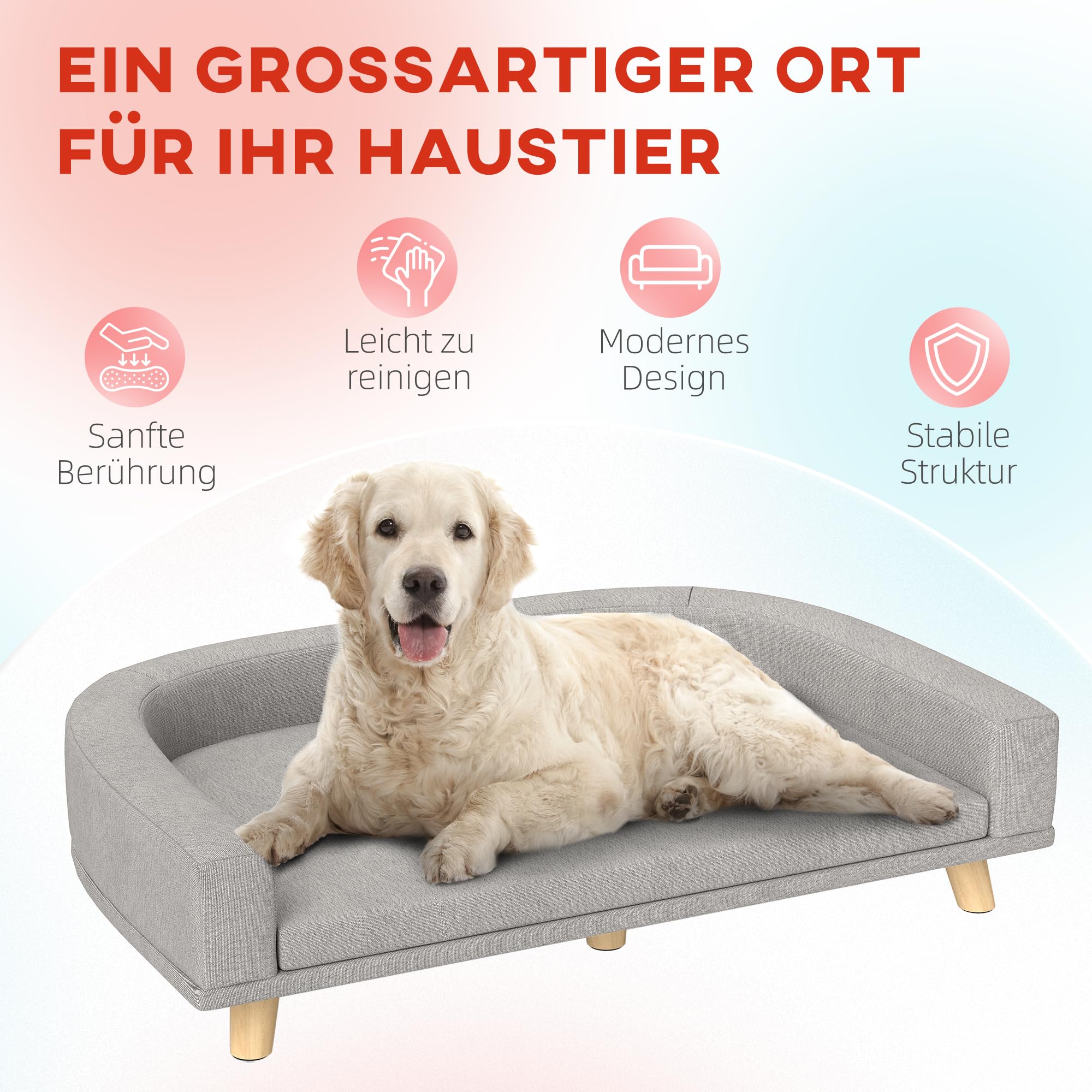 PawHut Hundesofa Hundecouch für große Hunde mit Rückenlehne, Holzbeine Hundebett mit abnehmbarem, waschbarem Bezug Haustiersofa Katzensofa bis 30 kg, 98 x 67 x 25 cm, Grau