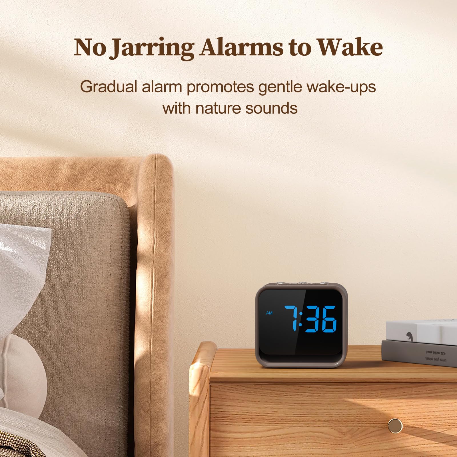 Housbay Holz Sound Machine Wecker für Schlafzimmer - Sanftes Aufwachen mit Vogelgezwitscher, weißes Rauschen zum Schlafen, kleine Digitaluhr für telefonfreie Routine - Walnussholz