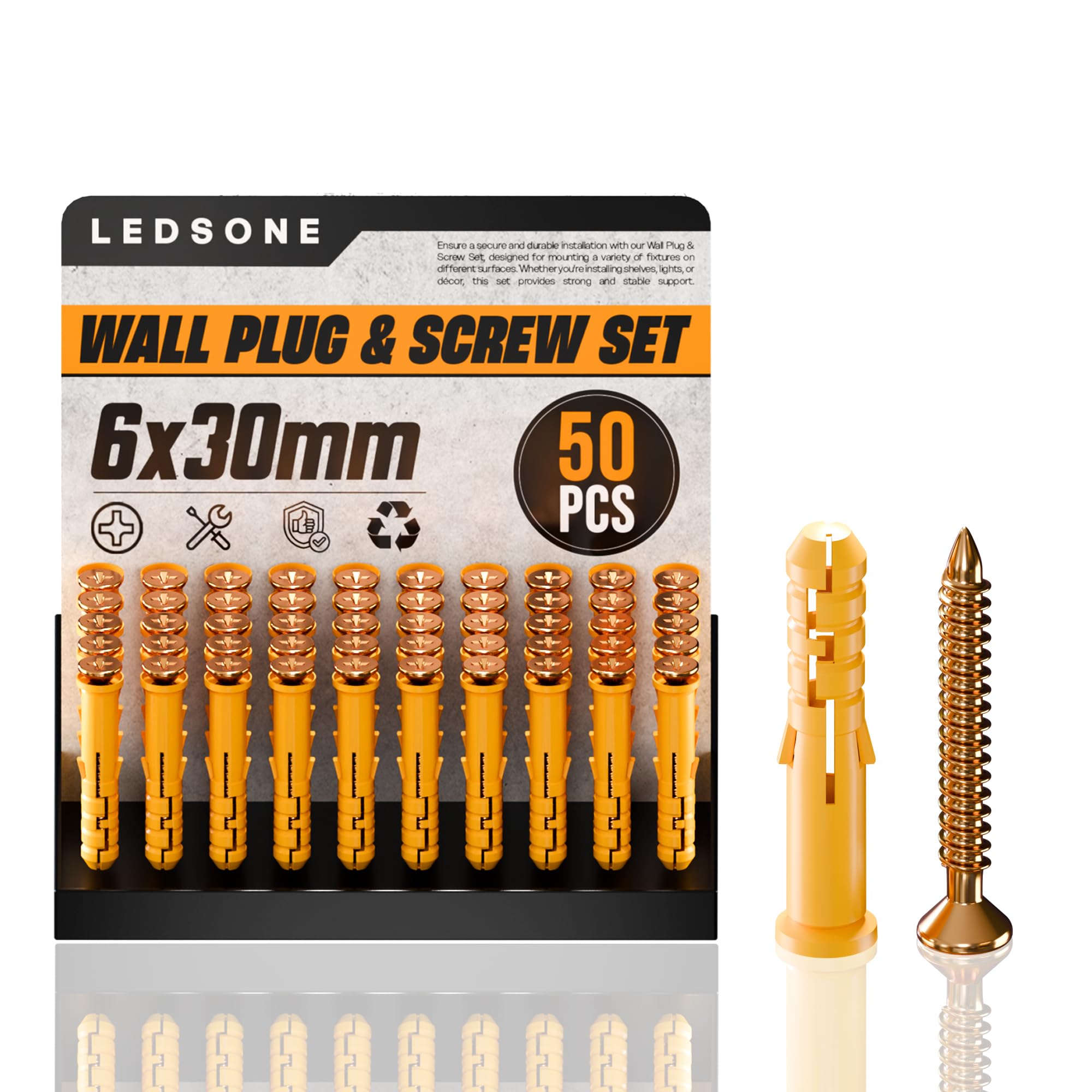 LEDSone 50 Pcs Screws and Wall Plugs Set Masonry Screw, Expansion Anchor Bolts, M6 M8 Wall Plugs and Screws, for Brick Concrete Drywall Self Tapping Screw and Wall Plug