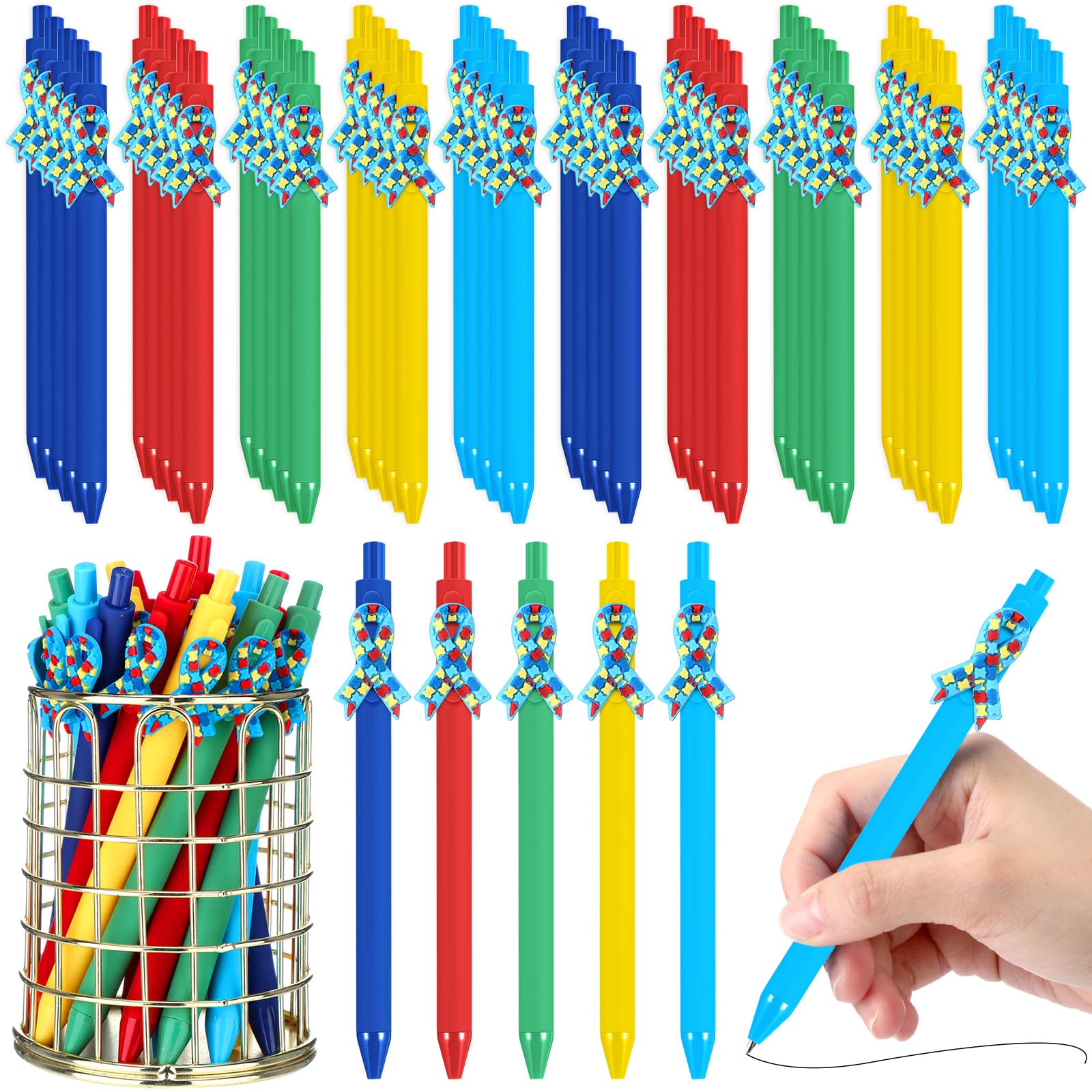 TecUnite 50 Pcs Autism Awareness Pens Colorful Puzzle Ribbons Pen 5 Styles Autism Pens for Autistic Pride Day Home Office Supplies
