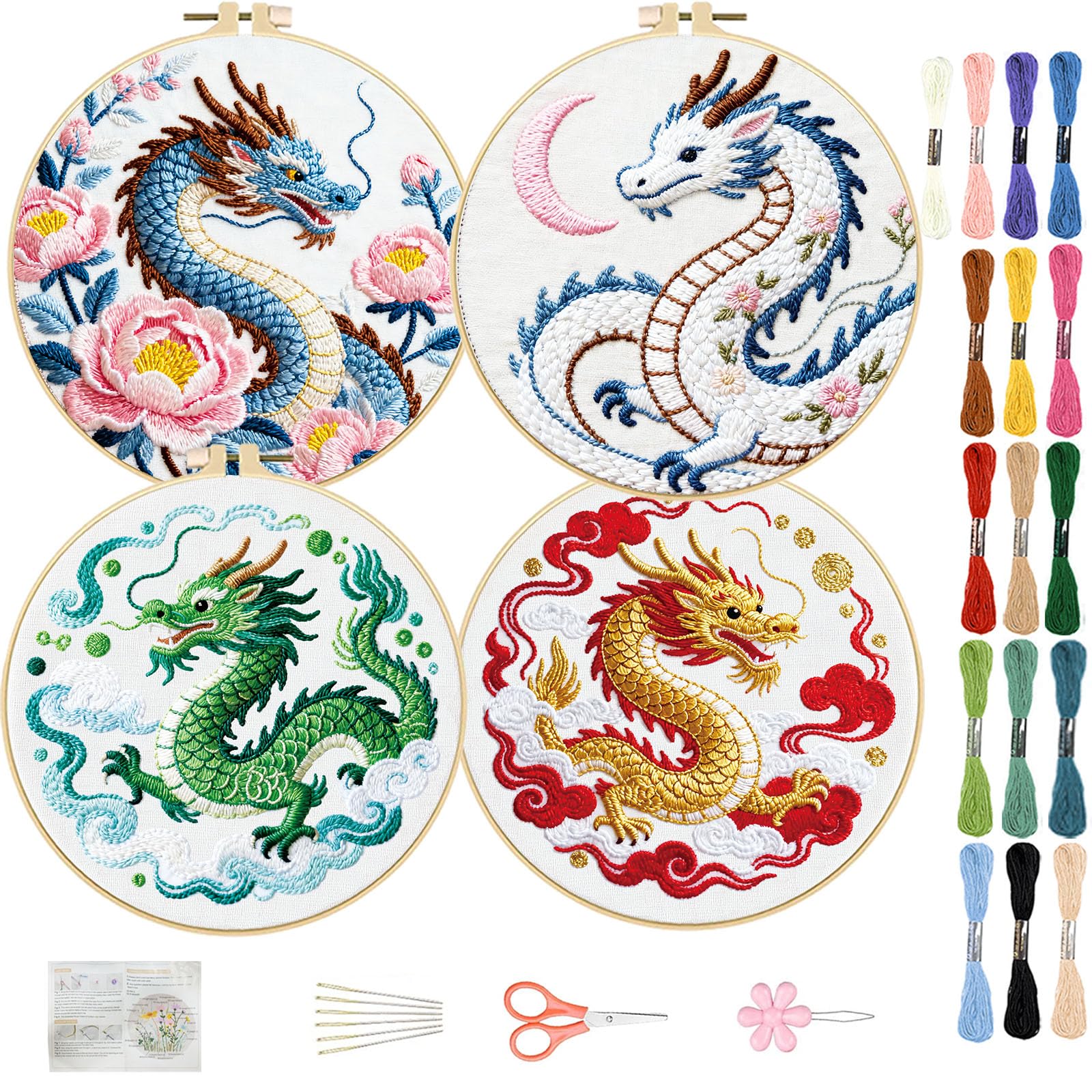 FREEBLOSS 4 Set Stickset Für Anfänger Nadelspitzen Drachen Und Wolkenmotiv Vorgedrucktes Stickset Starterset Mit Anleitung Nadeln Fäden 2 Reifen 11.6"/29.5cm