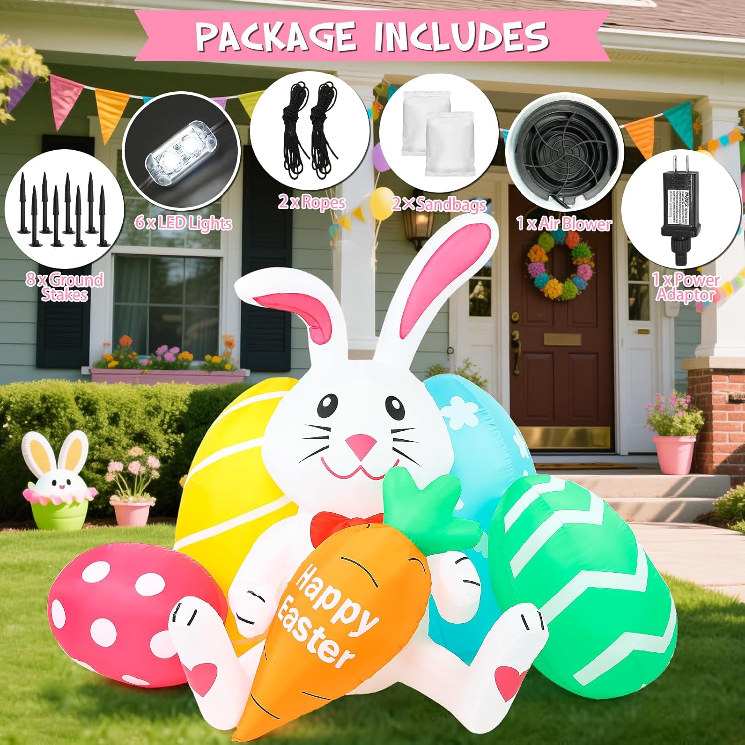 Easter Inflatables Outdoor Decorations 6FT Long Bunny Holding Carrot with Colorful Eggs Inflatable Decor Built in LED Lights Blow Up Yard Decoration for Indoor Holiday Garden Lawn Party Spring