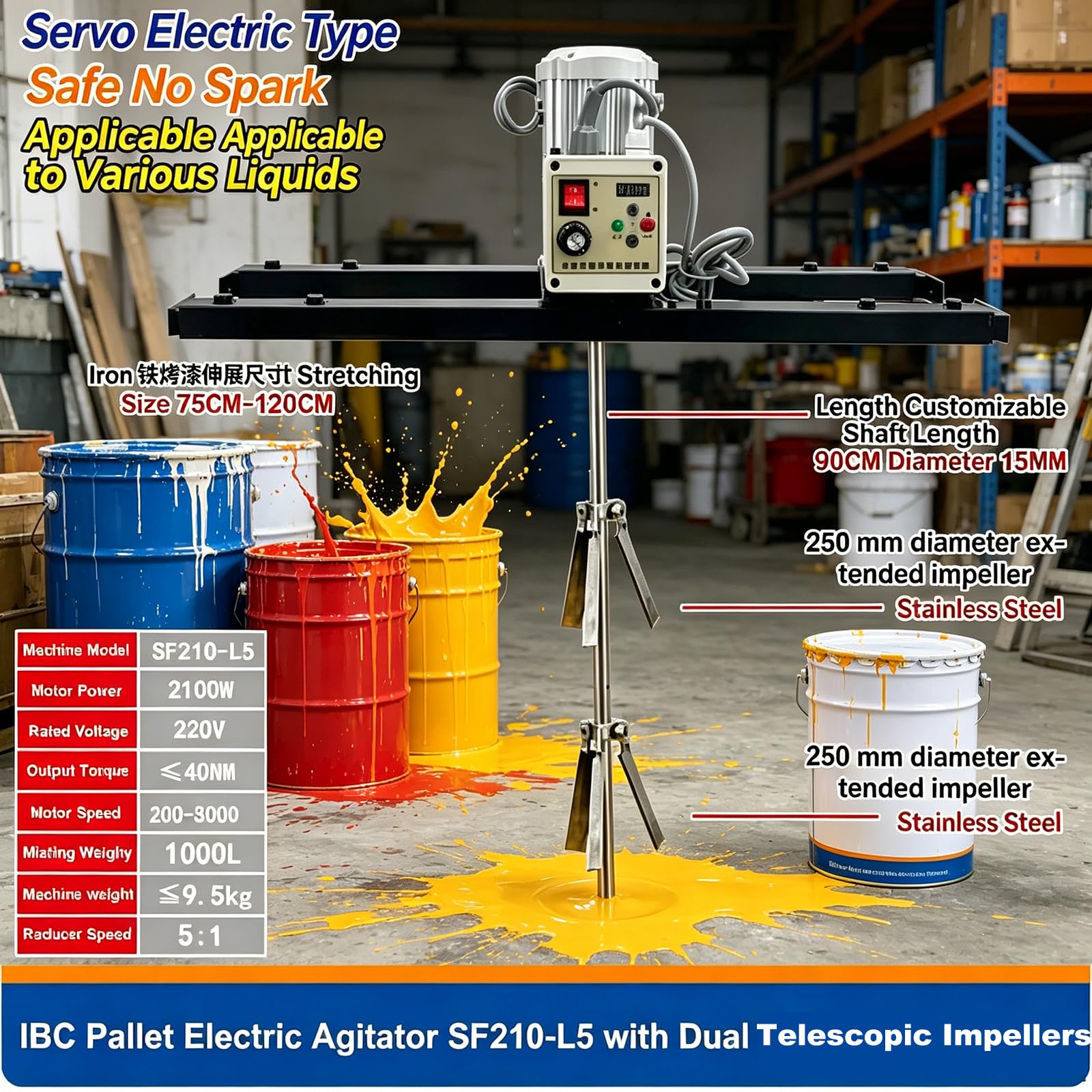 Agitador Eléctrico IBC, Máquina Mezcladora Pintura Industrial, Velocidad del Motor: 200-3000 RPM, Capacidad Mezcla: 1 Tonelada/1000 litros, Estiramiento: 75 Cm-120 Cm, para Viscosidad Media