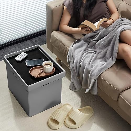 Miniatura 2 de AmasSmile Otomán de Almacenamiento Plegable Reposapiés con Bolsillo Lateral, Banco Reposapiés de Cuero de 16 Pulgadas, Banco Otomán Corto,