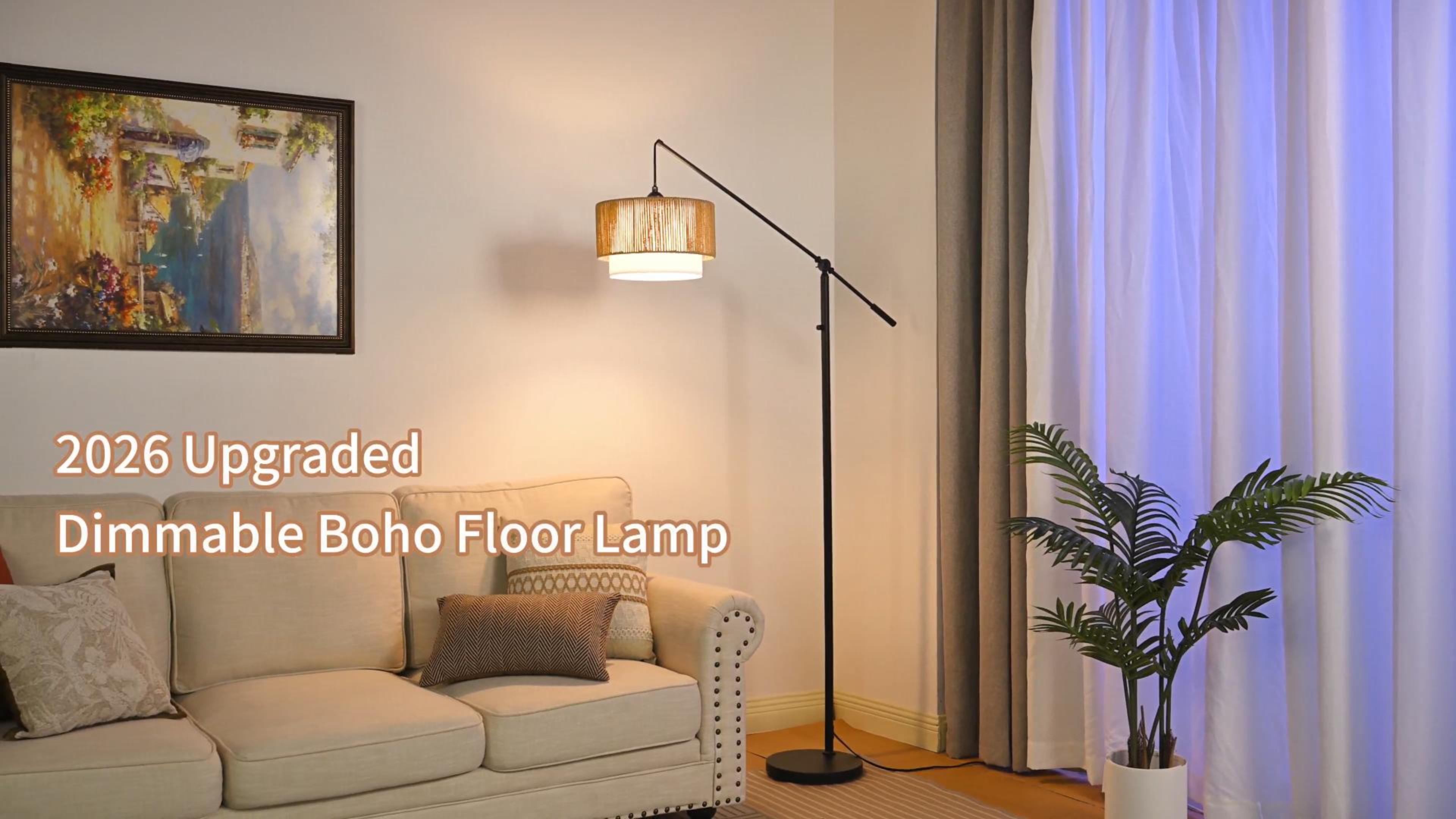 Image of 【Upgraded】Boho Dimmable Floor Lamps with Adjustable Swing Arm, 1100 Lumens Bulb Included, Modern Standing Lamp with Rattan & Fabric Shades, Farmhouse Tall Arc Floor Lamp for Living Room Bedroom, Black