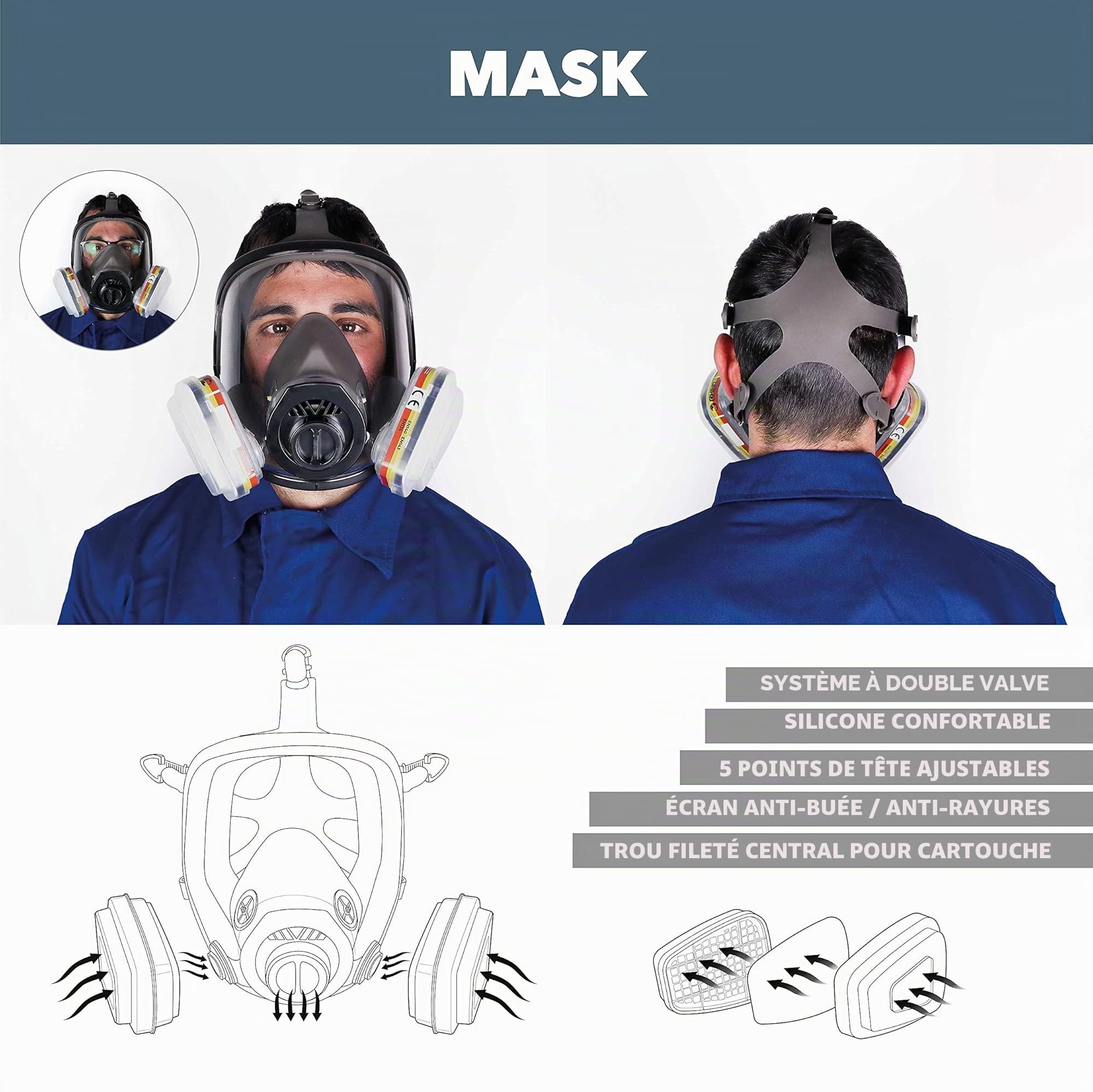 Masque à Gaz Complet Respirateur RHINO Réutilisable pour Vapeurs Organiques
