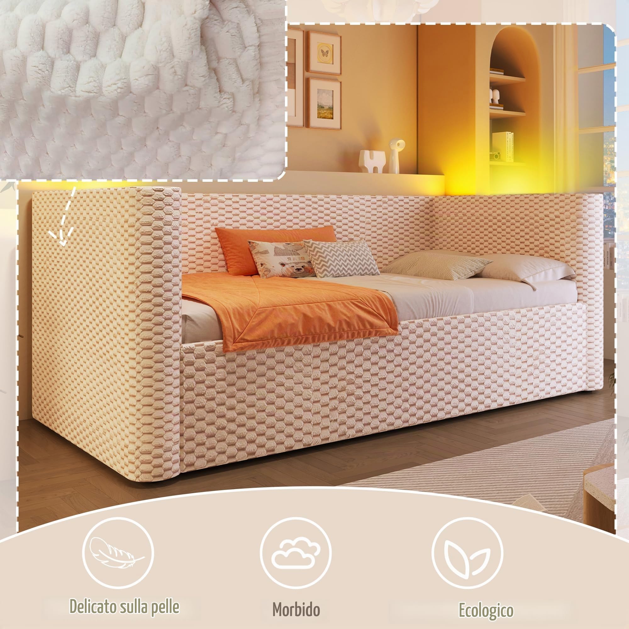 Divano letto 90 x 200 cm con illuminazione a LED, Letto Singolo Imbottito con Contenitore Idraulico, Rete a doghe, Tessuto in Velluto, Beige