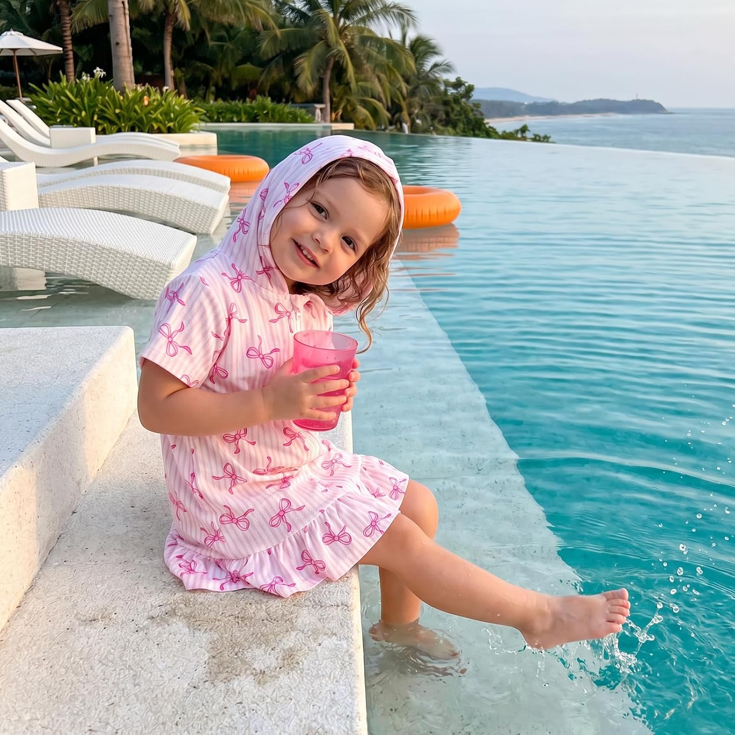 Girls Bow Swim Cover Up One Piece Swimsuits Beachwear Zip Up Short Sleeve Stripe Print Hooded Terry Coverups Swimwear