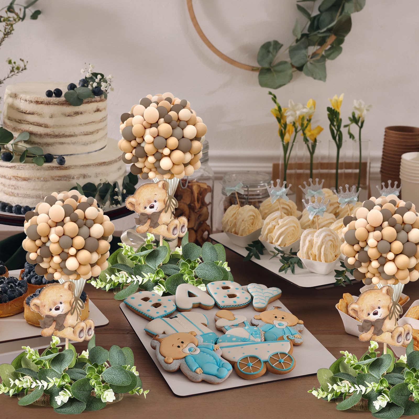 Set di 6 centrotavola per baby shower con orsetto marrone con ghirlanda di eucalipto fette di legno di benvenuto per baby topper per rivelare il genere per feste di ragazzo o ragazza
