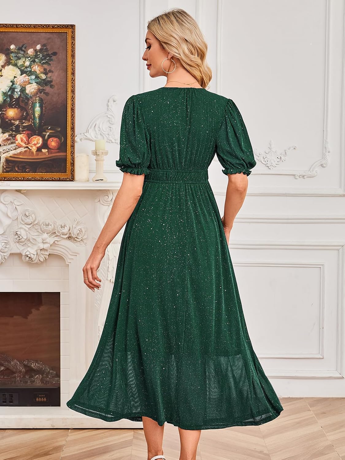 Womens Sparkly V Neck Midi Dress Shprt Sleeve Sequin Glittery Party Dress with Elastic Waist Cocktail Evening Gown - Image 2