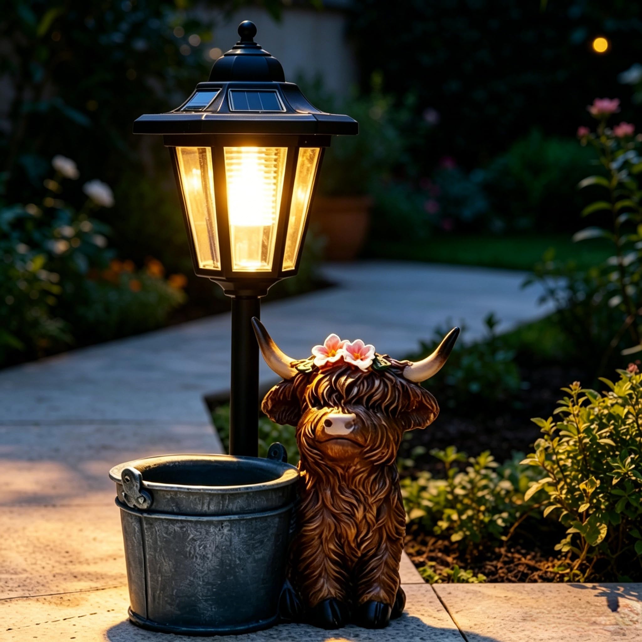 Highland Cow Planter with Light, Highland Cow Solar Lantern Planter with Solar Lamp, Waterproof Garden Decor with Flowerpot & Lantern for Yard Art Lawn Ornaments Porch Patio Balcony