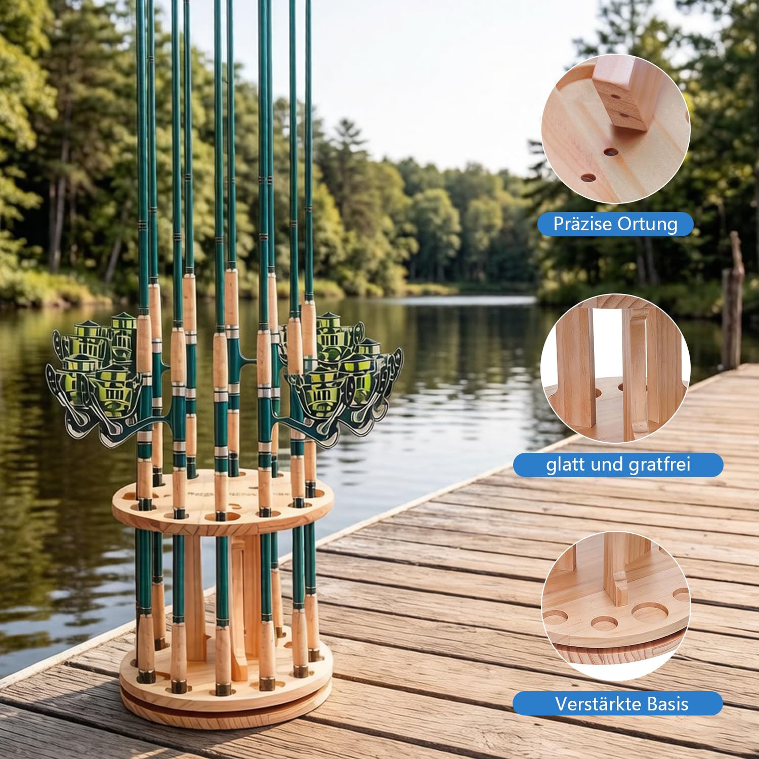 Supporto per canna da pesca in legno, girevole a 360°, per 12 canne da pesca e la maggior parte dei tipi di canne da pesca, supporto per canna da pesca ad alta stabilità, salvaspazio per attrezzatura