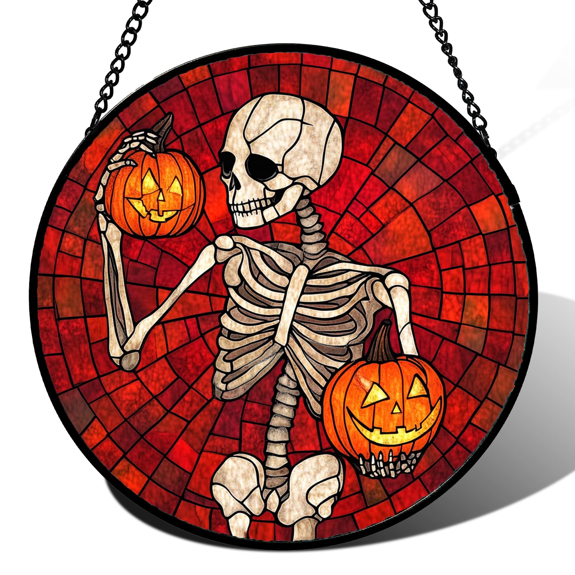 Skeleton with Pumpkins Stained Glass Window Hanging Suncatcher Gifts 7.8"