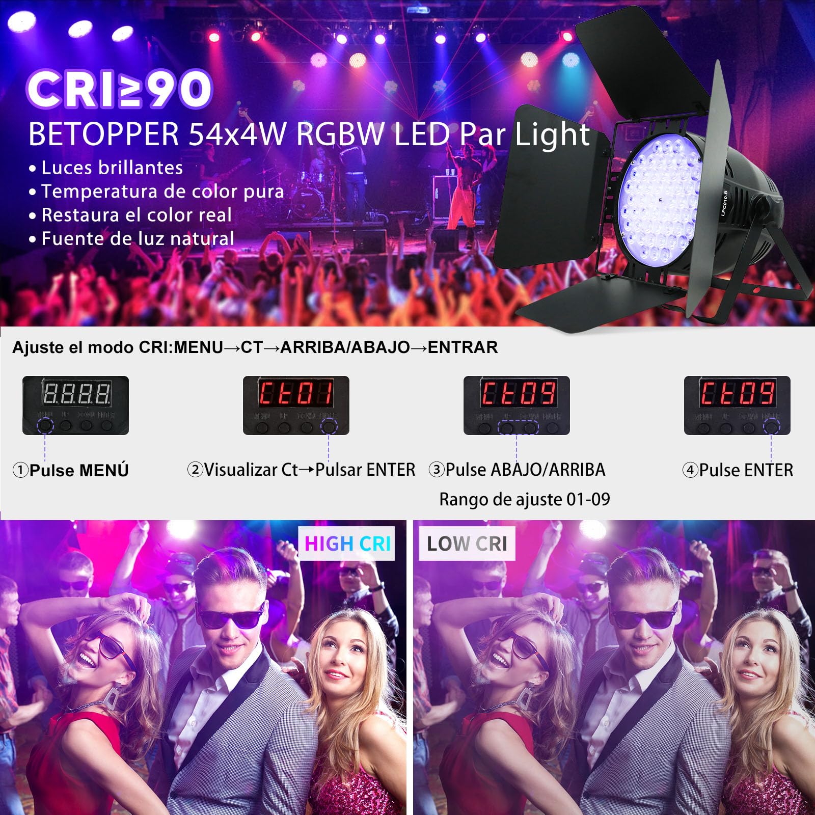 BETOPPER Luz de Escenario 200W CRI Alto con Volets Ajustables, RGBW 4-en-1 LED Ultra Brillante, Hasta 5000 Lúmenes - Para Fiestas Disco, DJ, Fotografía, Video, Bodas y Espectáculos