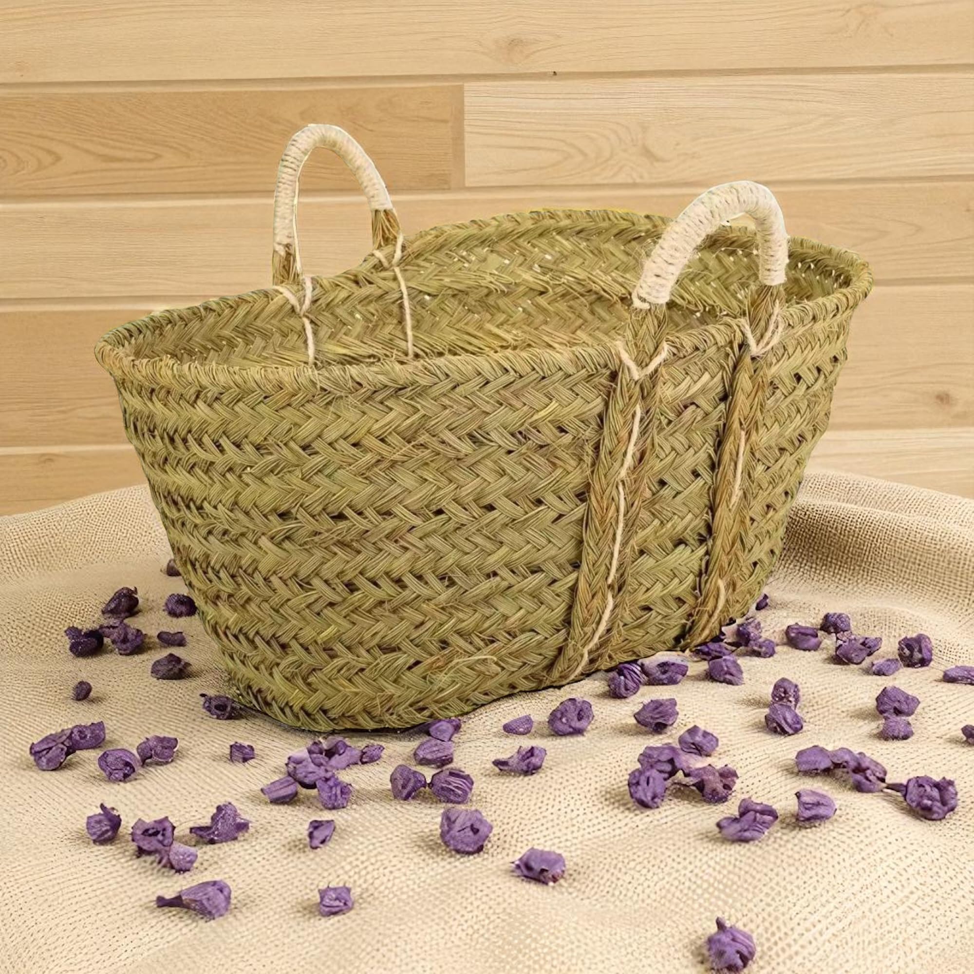 Cesto de Esparto Natural,Capazo de Esparto con Asas Decorativo Ovalado con Asas de Pita, Leñero Decorativo para Chimenea Capazo Cesto para Leña (60 * 50 * 35)