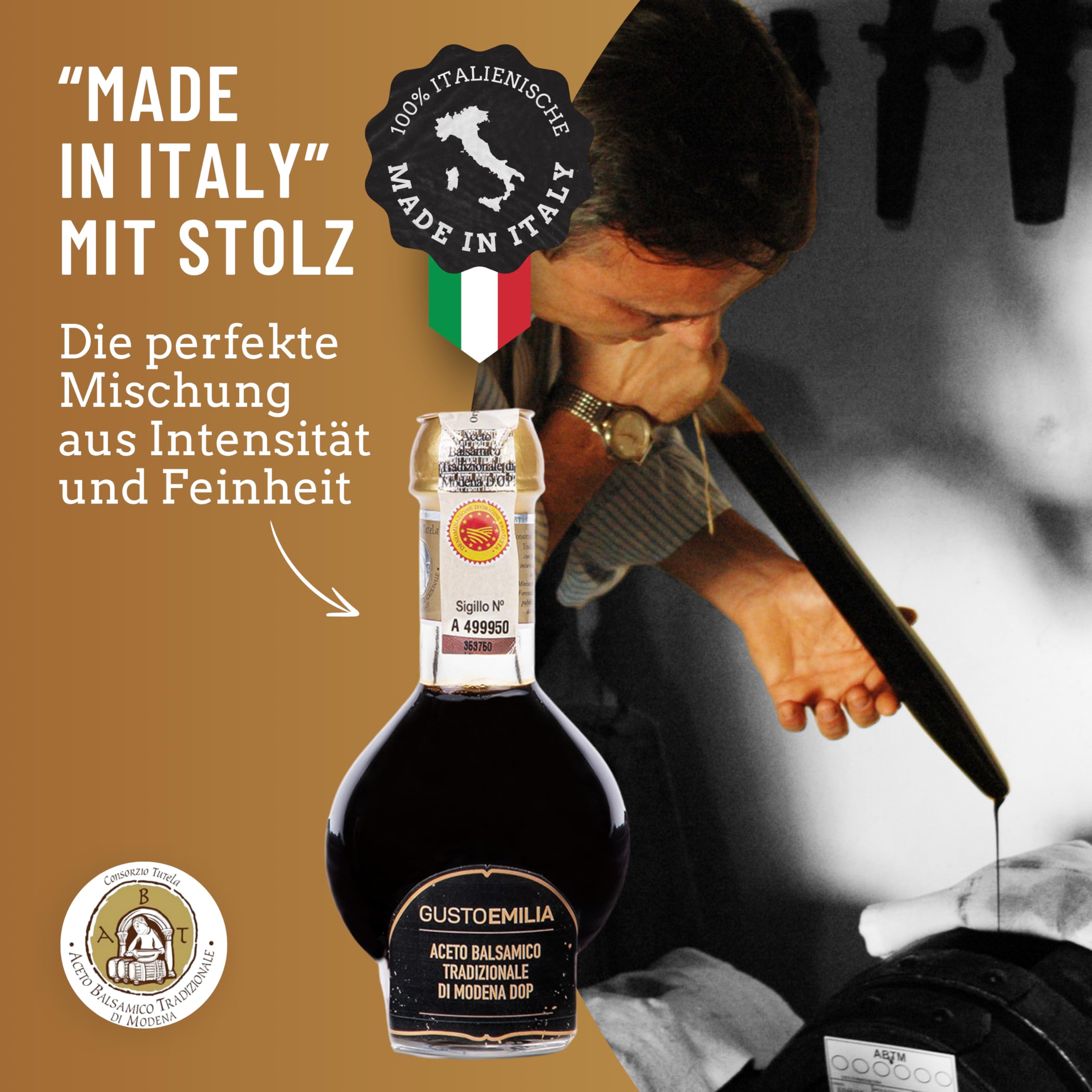 GUSTOEMILIA Traditioneller 12-jähriger gereifter Aceto Balsamico di Modena IGP - Italienischer Balsamico Essig - Perfekte Kombination mit gereiftem Parmigiano Reggiano - 3,38 Fl Oz