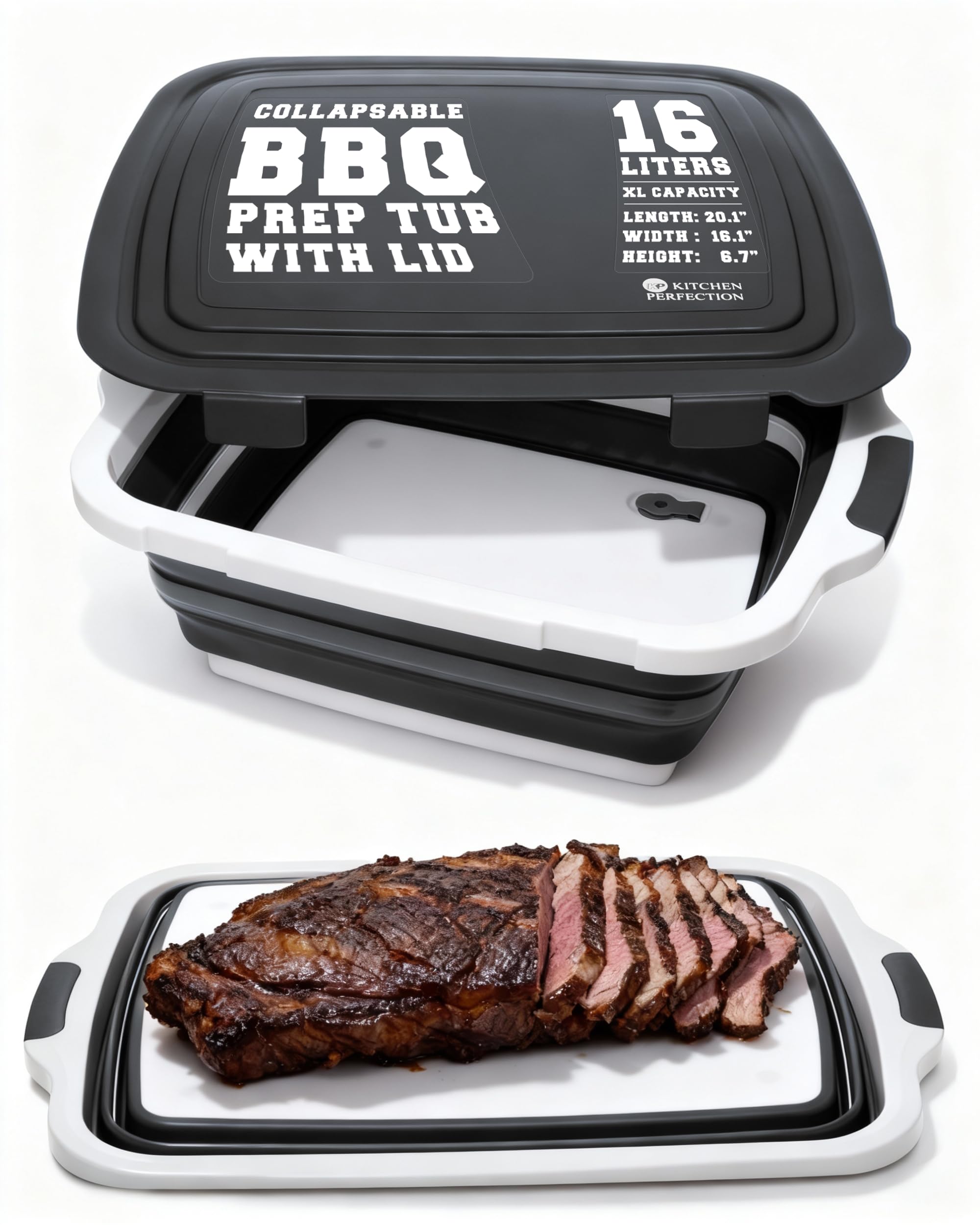 kitchen perfection collapsible xl smoker & bbq prep tub with locking lid & cutting board - grill caddy container for meat marinating & brine perfect for brisket, turkey & ribs - best gift for men