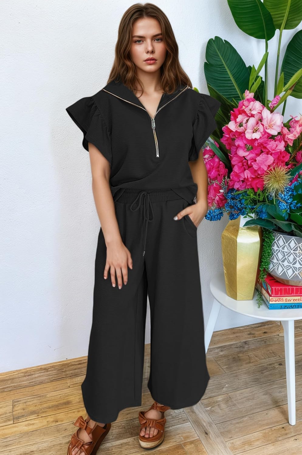 KevaMolly Womens Lounge Sets Textured Ruffled Sleeve Zipped Top and Wide Leg Pants Set Daily Two Piece Sets - Image 4