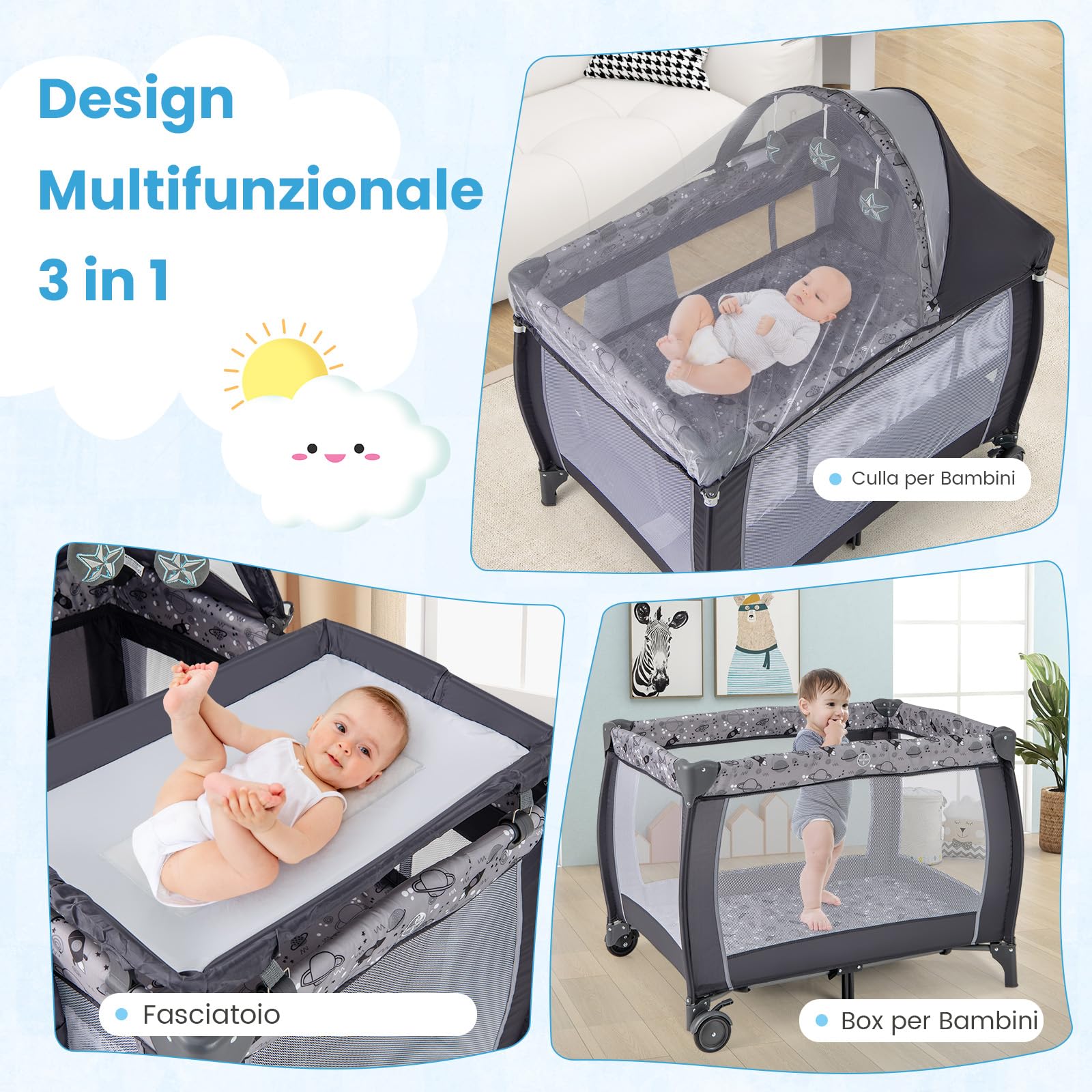 COSTWAY 3-in-1 Lettino da Campeggio per Bambini, Lettino Portatile per Neonati con Fasciatoio, Culla Pieghevole con Materasso e Borsa da Trasporto, 2 Ruote Bloccabili, per Bambini 0-36 Mesi