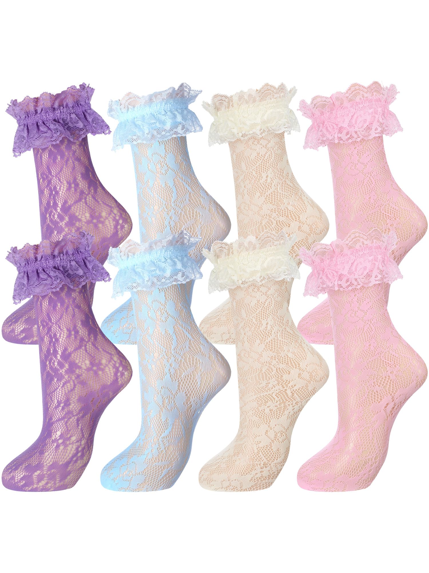 Geyoga 4 Pairs Lace Ruffle Frilly Ankle Socks Women Lace Cute Dress Socks for Women Ladies Princess Accessories: 5-9 Blue, Purple, Light Yellow, Pink