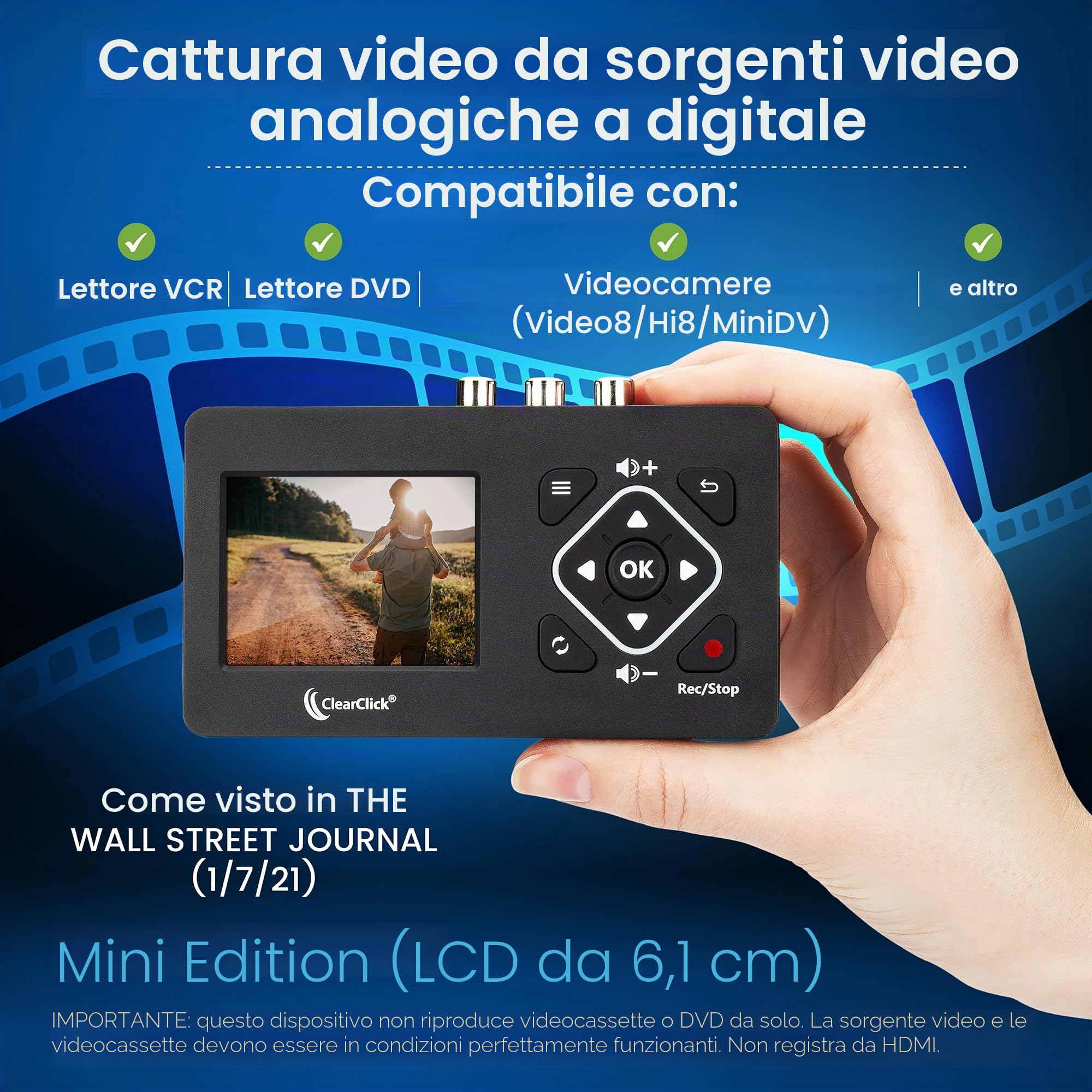 ClearClick Video to Digital Converter 2.0 (seconda generazione) Mini Edition - Registra video da videoregistratori, nastri VHS, AV, RCA, Hi8, videocamere, DVD, sistemi di gioco