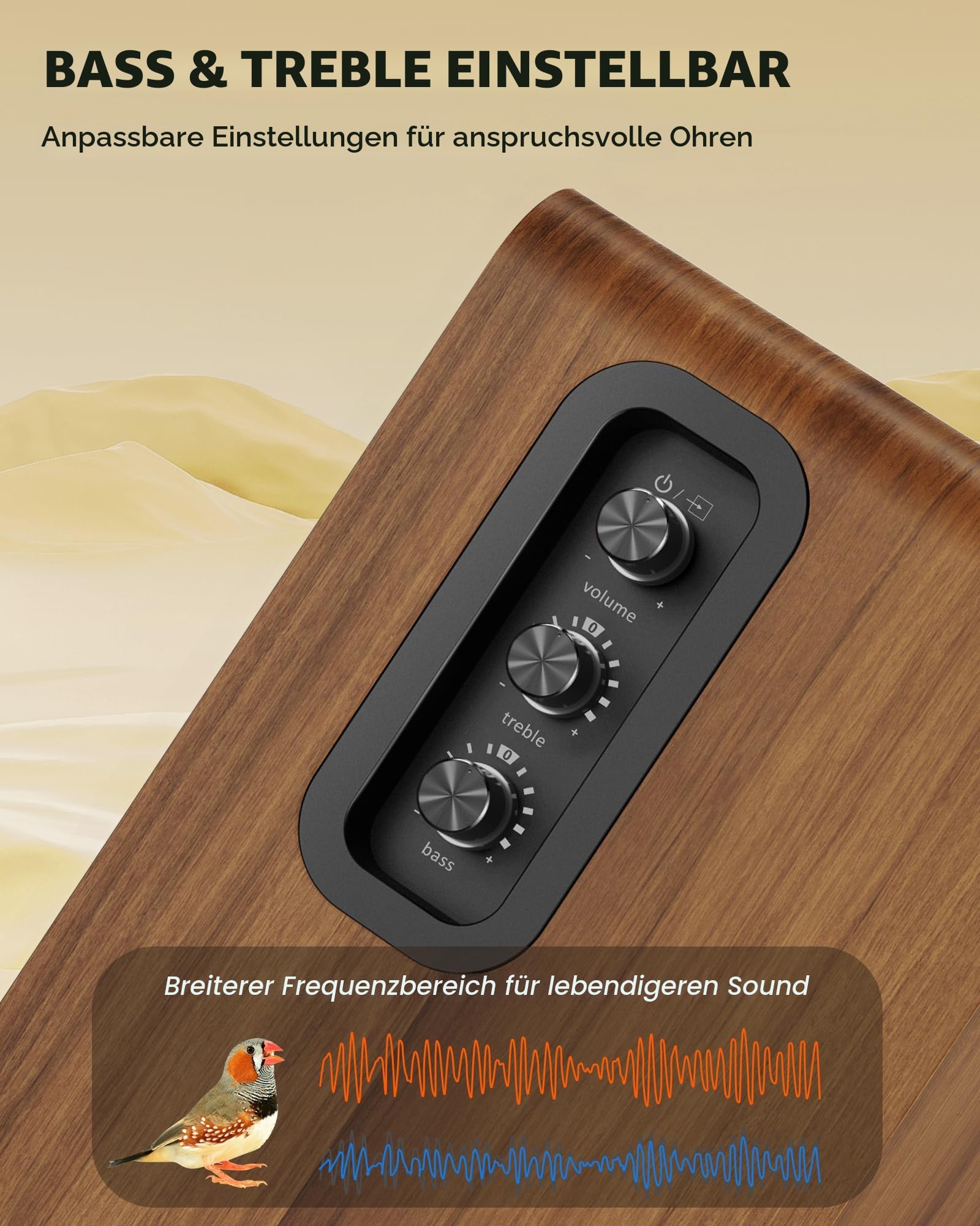 Aktive Regallautsprecher 36W RMS | Kabellose BT 5.4 PC Lautsprecher mit 5'' Woofer | USB-Digital Audio, Einstellbarer Bass & Höhen, Studio Monitor mit RCA für Plattenspieler & TV - Holzoptik