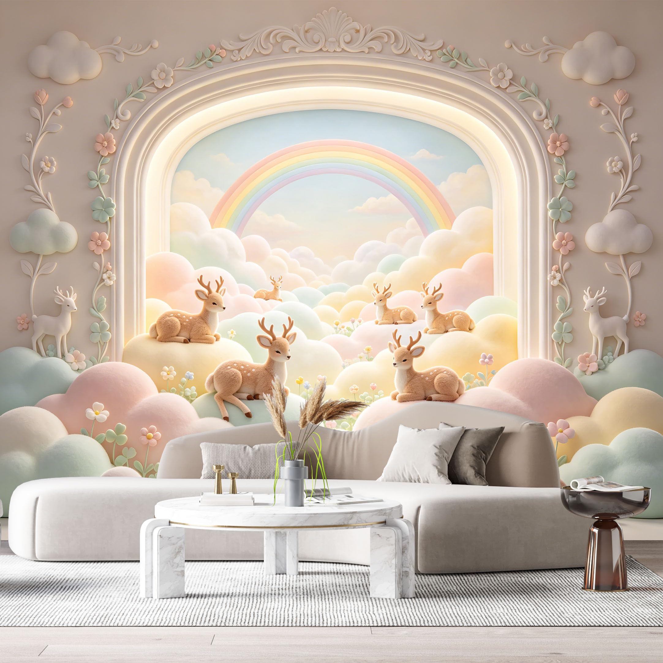 Custom Size Wall Murals Pastel Rainbow Cloud Deer Landscape 3D Trompe L'Oeil SelfAdhesiveWall Fabric Removable Wallpaper Wall Decor for Living Room Bedroom Bathroom