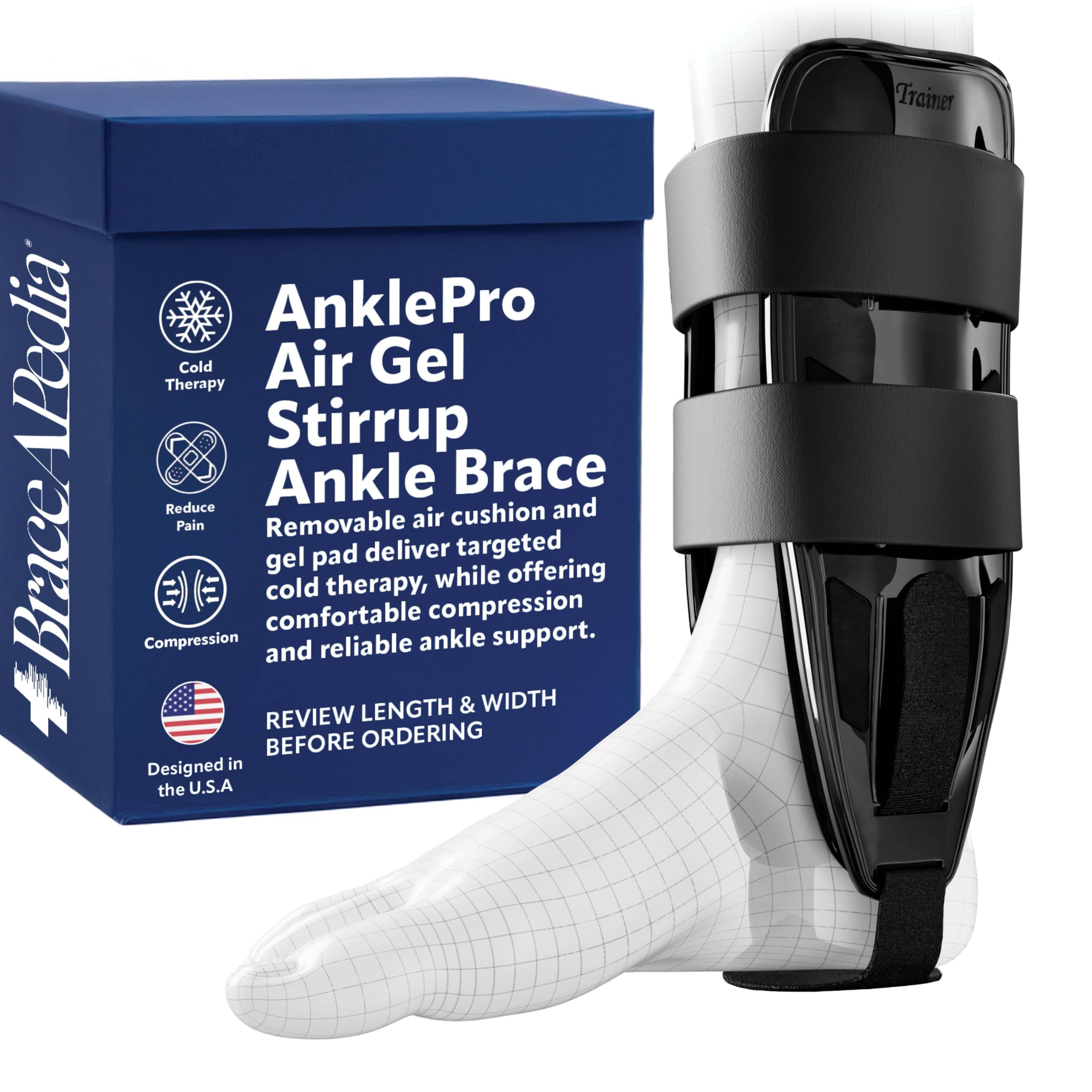 AnklePro Air Gel Stirrup Ankle Brace, Hard Core Side Stabilizer With Removable Cold Therapy Air Cushion & Gel Pad for Ankles, Ankle Brace for Women and Men, Ankle Support, Regular, Black