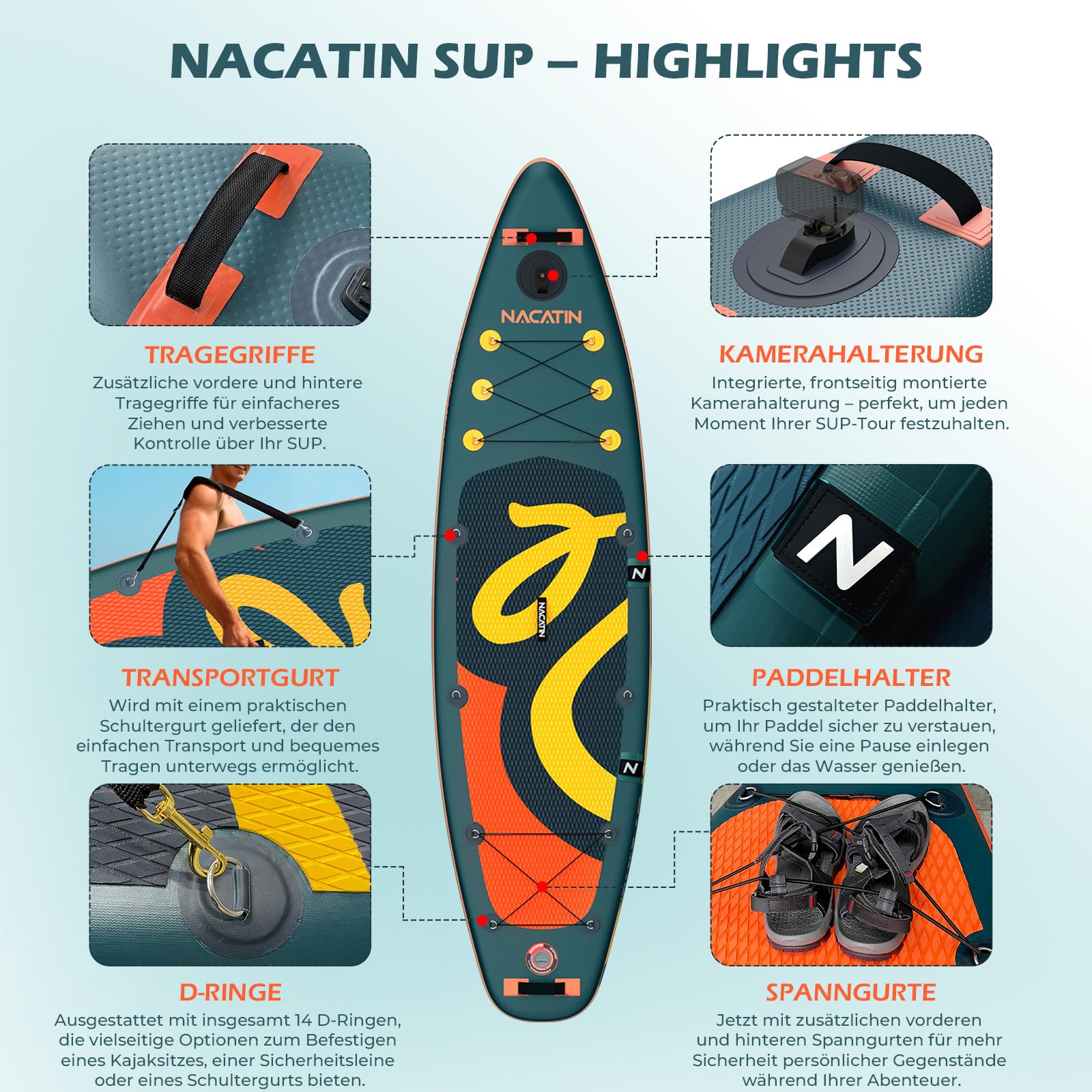 NACATIN 320cm (10ft 6in) aufblasbares SUP Board mit Sitz für Erwachsene, Stand Up Paddling Board mit Doppelpaddel, Kajaksitz, Rucksack, Tragegurt, Trockentasche, Reparaturset, für See, Fluss, Yoga