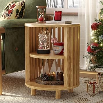 Round End Table, Wood Side Tables, Mid Century Modern Nightstand with 2 Tier Storage, Small Circle Bedside Table for Small Spaces, Living Room, Curved Profile Design, 19.7" Tall, Oak 1-Pack