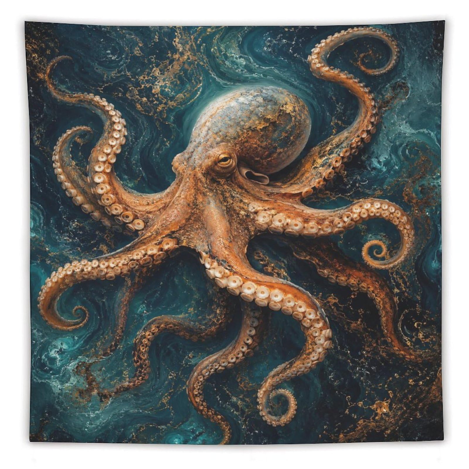 H3B8U2Y5 Textured Ocean Octopus Wall Tapestry, Nautical Fantasy
