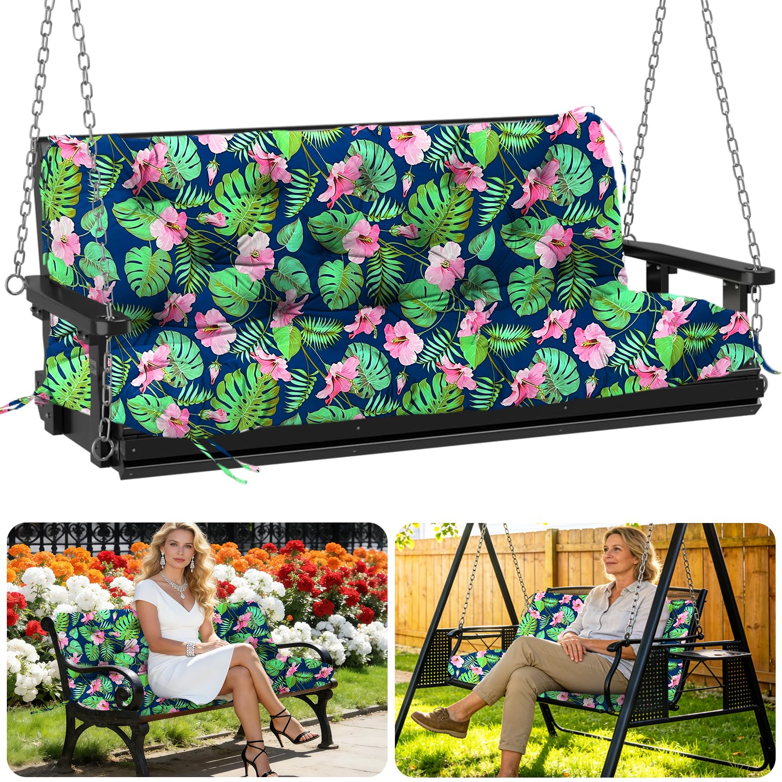 Porch Swing Cushions Outdoor 40 inch x 40 Waterproof Swing Cushions 3 Seater Replacement with Backrest &amp; 8 Ties 5" Thick Bench Swing Cushions for Outdoor Furniture Patio(Tropical Flowers)