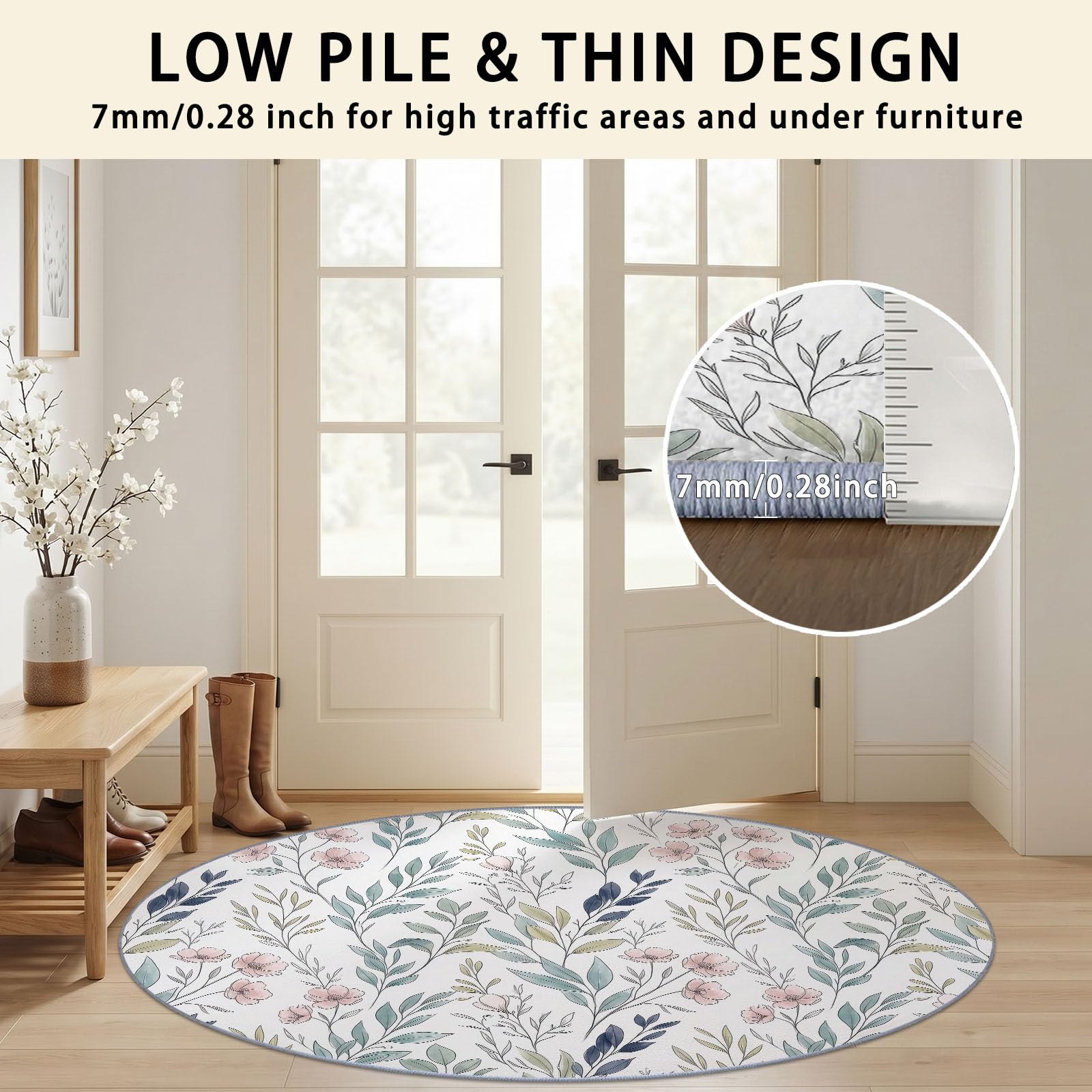 Tapis Rond 100 cm, imprimé Moderne Naturel Fleurs Feuilles Tapis de Sol Décoration Antidérapant Poil Bas pour Salon Chambre Cuisine Salle à Manger Intérieur, Vert