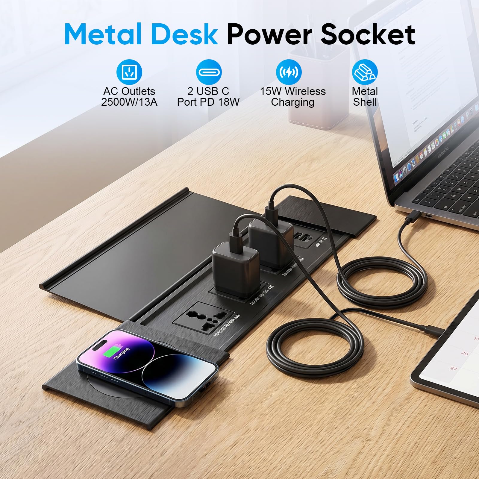 6 in 1 Einbau Steckdosenleiste mit 15W Qi & PD20W, Einbausteckdose mit USB