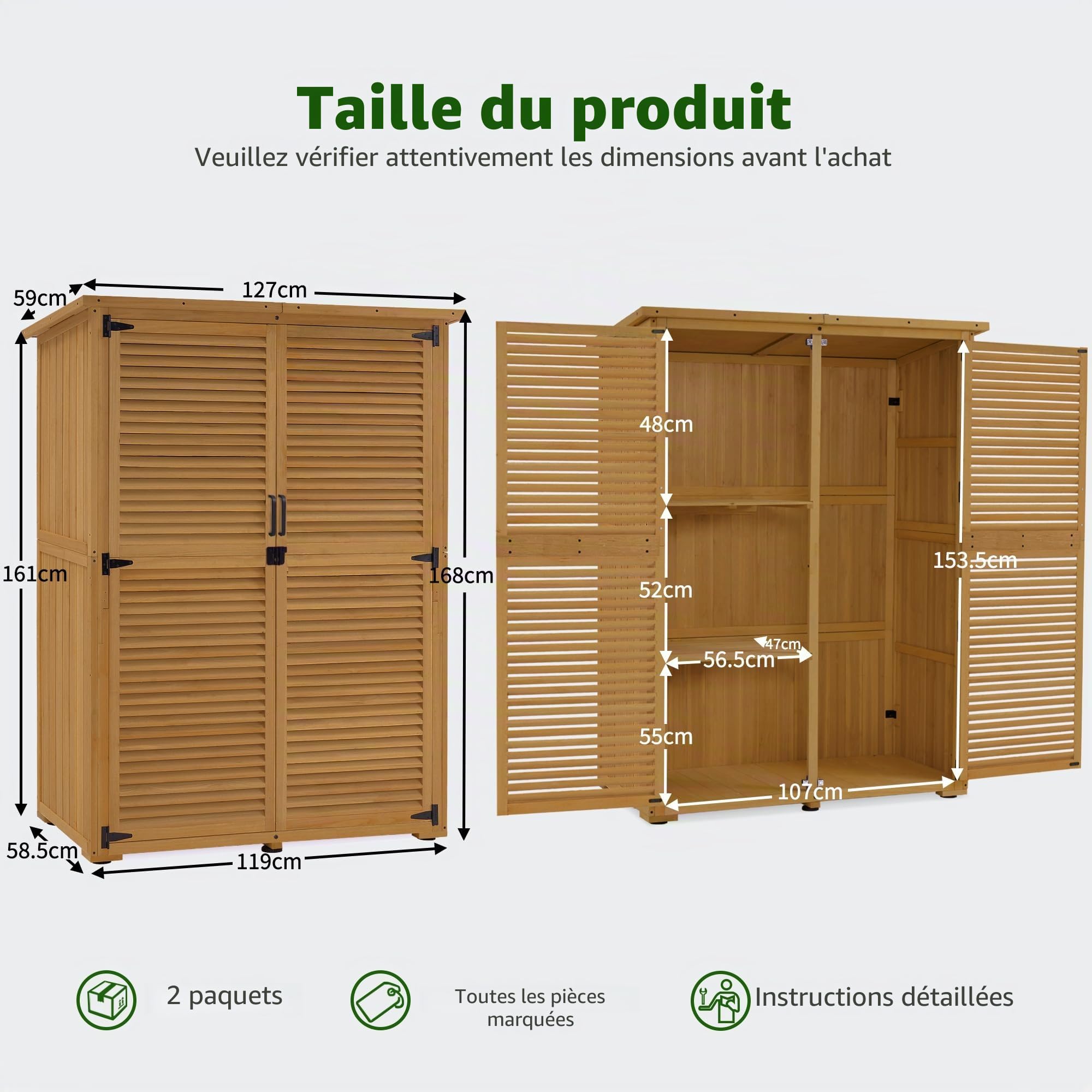 M MCombo Armoire de Jardin en Bois, Petite Maison de Jardin résistante aux intempéries, abri de Jardin Outdoor, pour l'extérieur Balcon Terrasse, 59×127×168 cm, 0901D-1 (Nature)