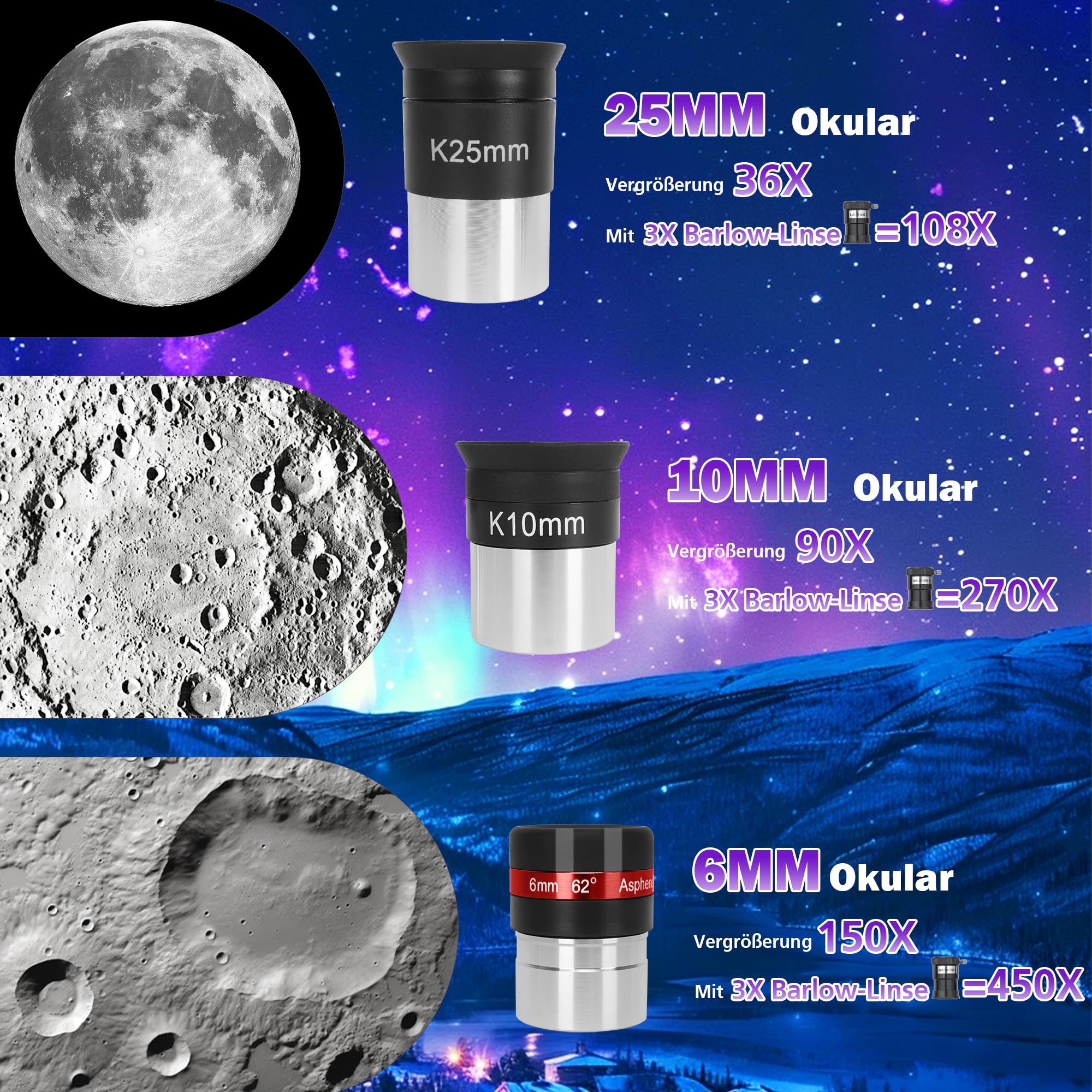 HETEKAN Teleskop 90mm Öffnung 900mm Brennweite, Refraktor-Teleskop für Erwachsene und Anfänger, 36X-450X Astronomie-Teleskop zur Mond- und Planetenbeobachtung mit Edelstahlstativ und Handyadapter