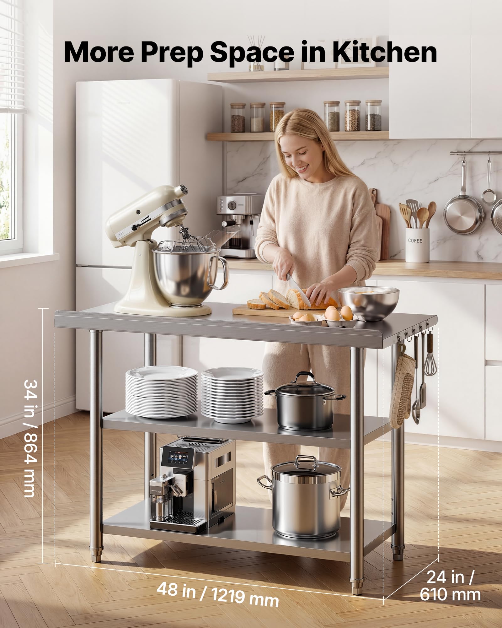 VEVOR Mesa de Trabajo de Acero Inoxidable 3 Niveles, Mesa de Preparación de Alimentos 121,9x61x86,4 cm, Estante Inferior Ajustable, Protector contra Salpicaduras, para Restaurantes, Bares, Hoteles
