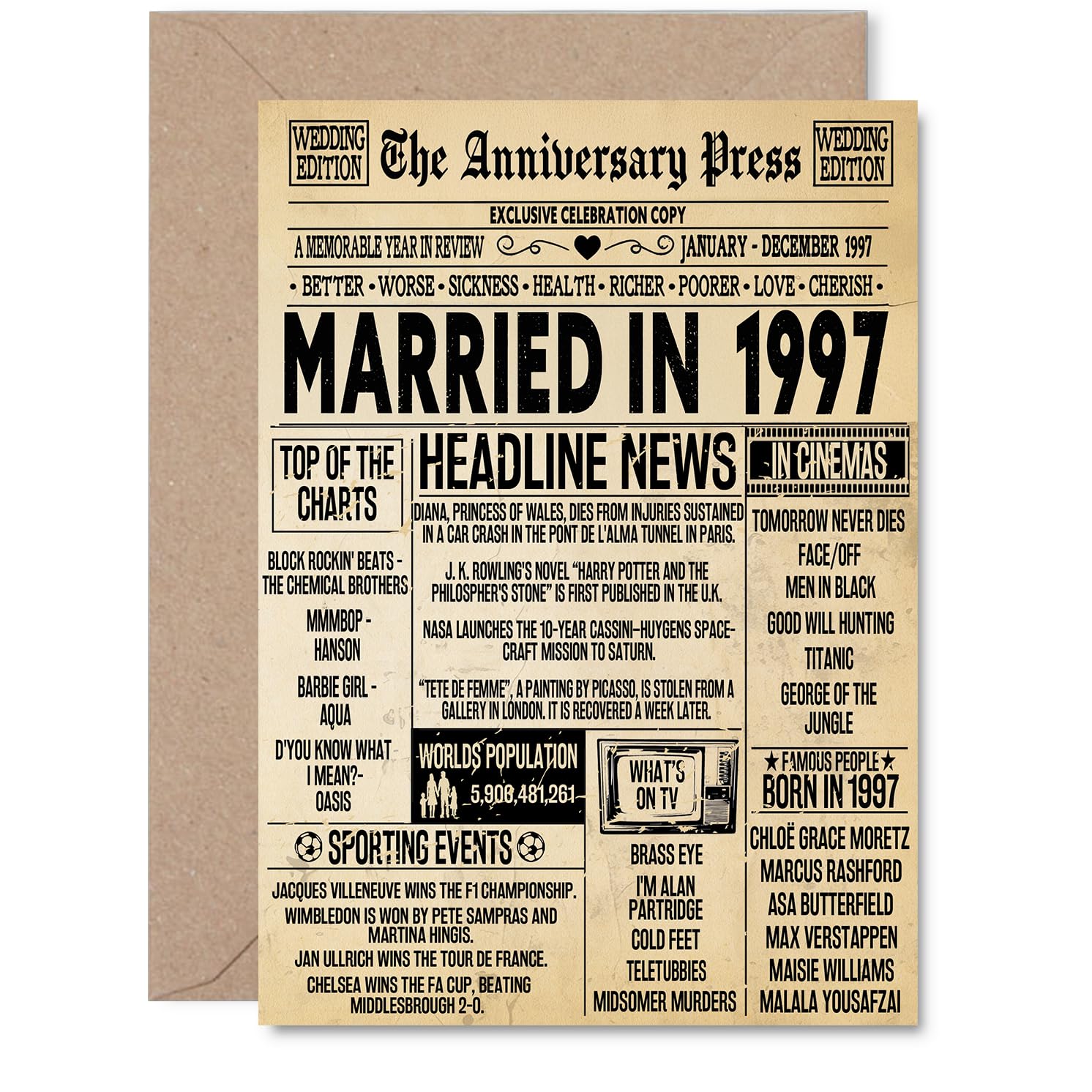 29th Anniversary Card for Men Women - Vintage Newspaper Married in 1997-29 Year Wedding Anniversary Card for Partner Wife Companion Husband, A5 Anniversaries Greeting Cards