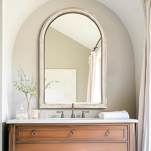 Miniatura 3 de Espejo de tocador arqueado para pared, 36 x 24 pulgadas, espejo rústico bohemio de granja con marco de madera con cuentas, espejo de madera