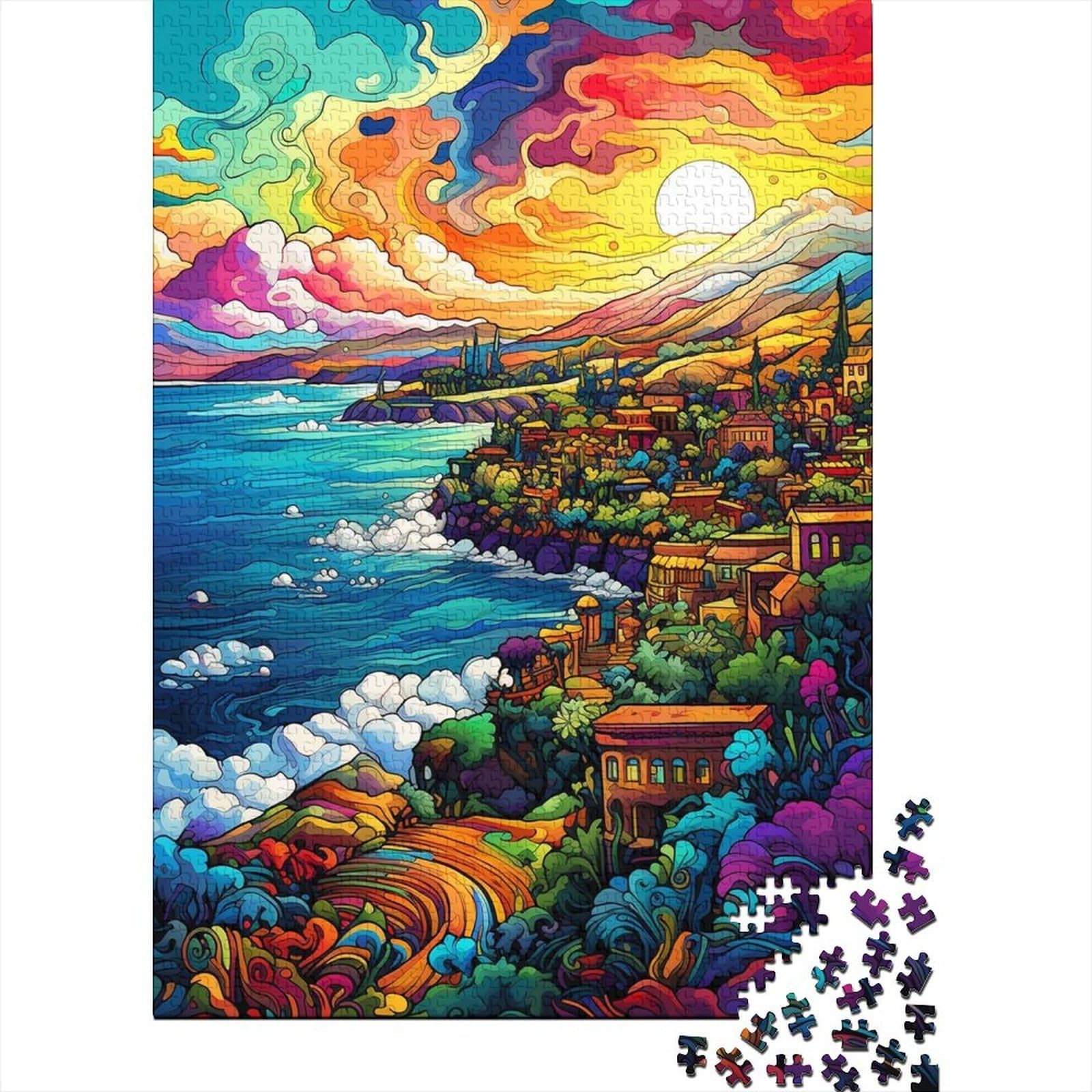 Colorful Coastal Landscape 1000 Piece Jigsaw Puzzle Paper for Adults Vibrant Seaside View Puzzle Game for Family Focus Stress Relief Home Decor Gift 38x26cm/1000pcs