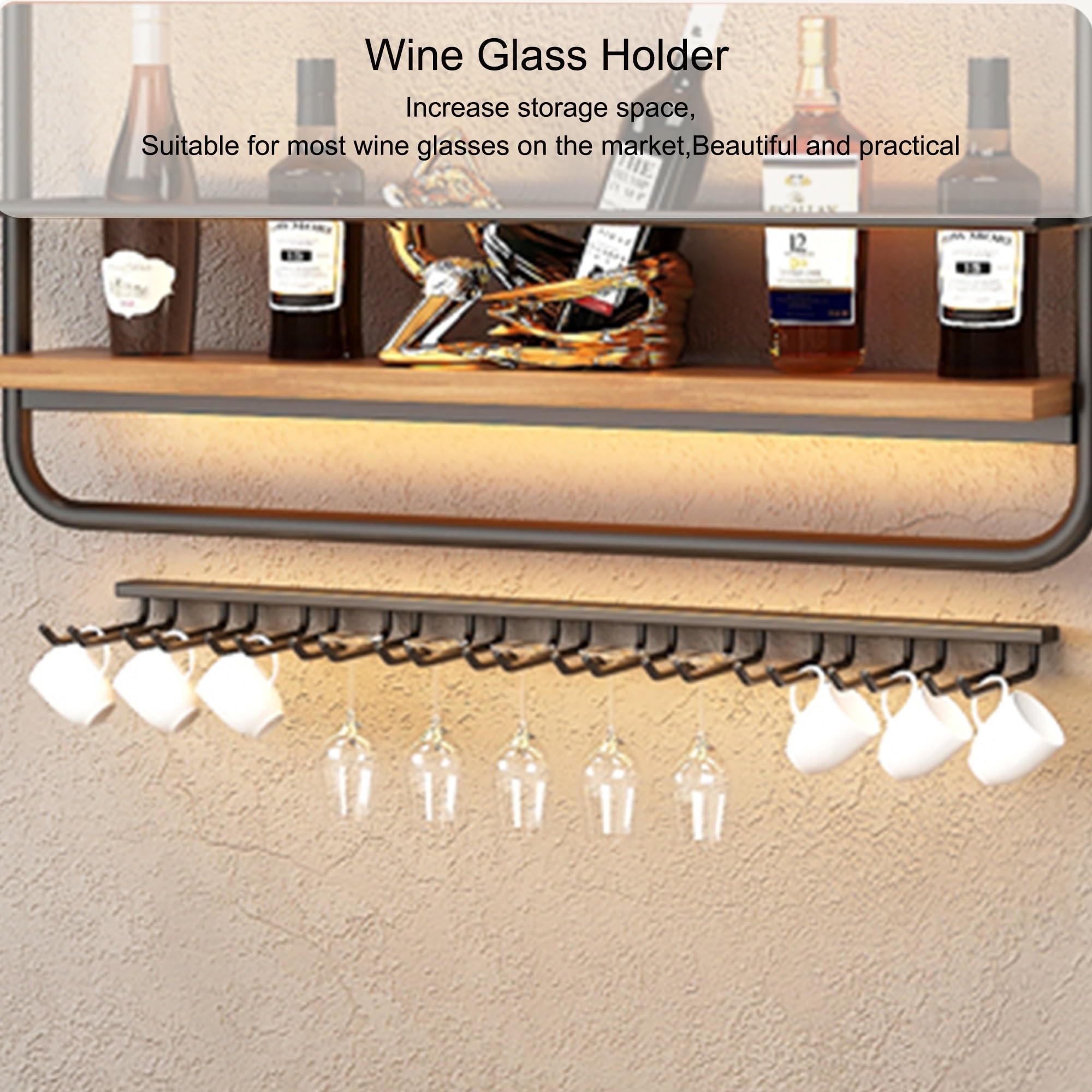 Metal Wine Storage 59-Inch Wall Mounted Wine Rack - Industrial Shelf With  Glass Hooks (Black) Wine Bottle And Glass Display, image size:2000x2000