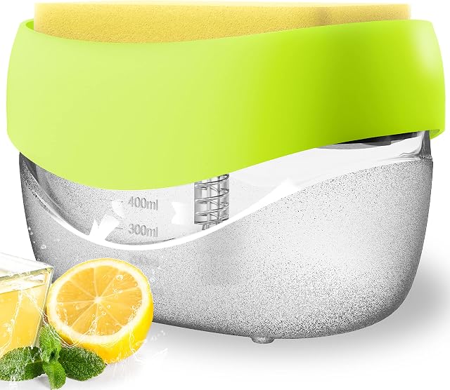Dish Soap Dispenser with Sponge Holder Washing up Liquid Dispenser for Kitchen Sink 2 in 1 detergent dispenser for Kitchen Countertop (Yellow)