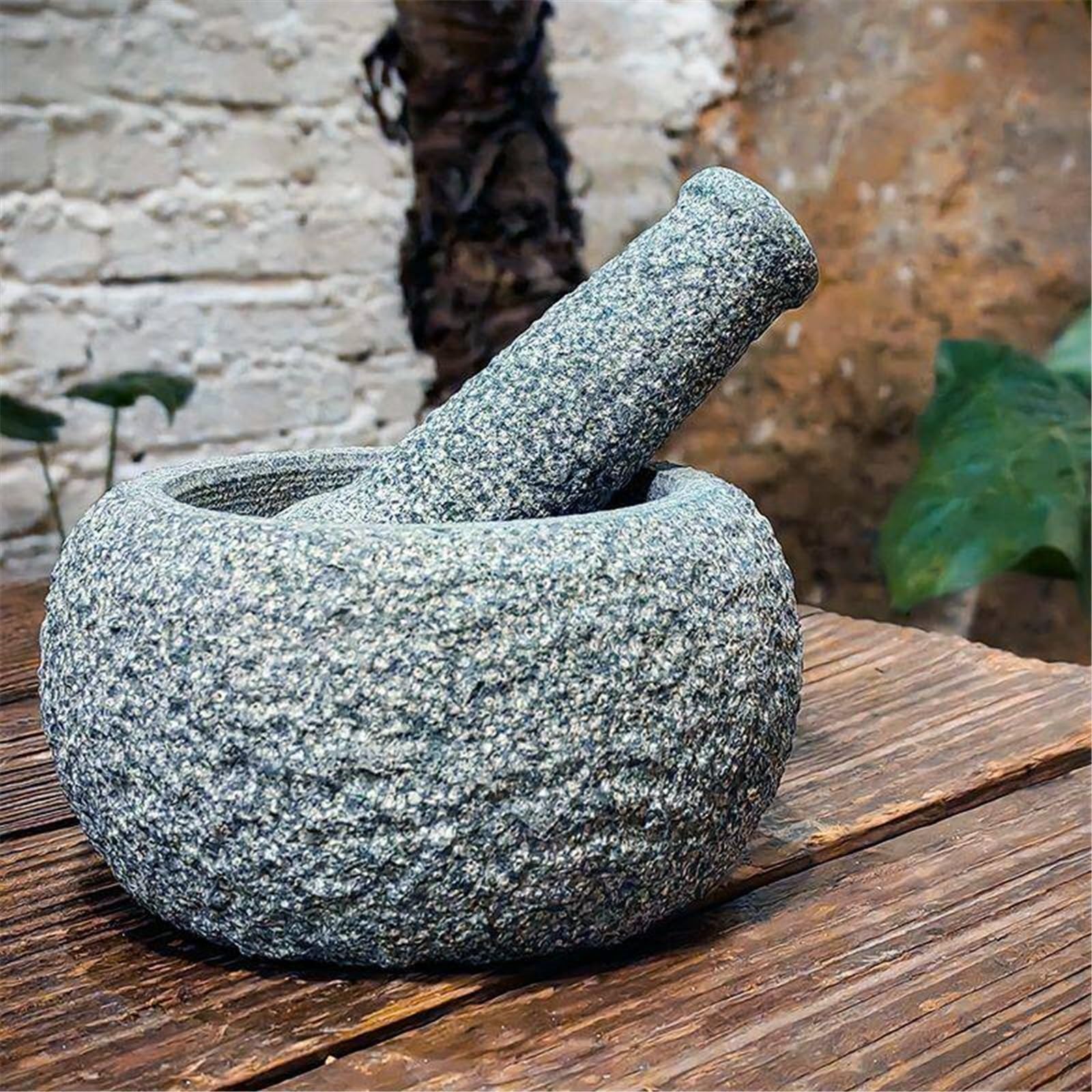 Salsas Juego de mortero y maja, molinillo especias granito resistente, gris sin pulir(Grande)