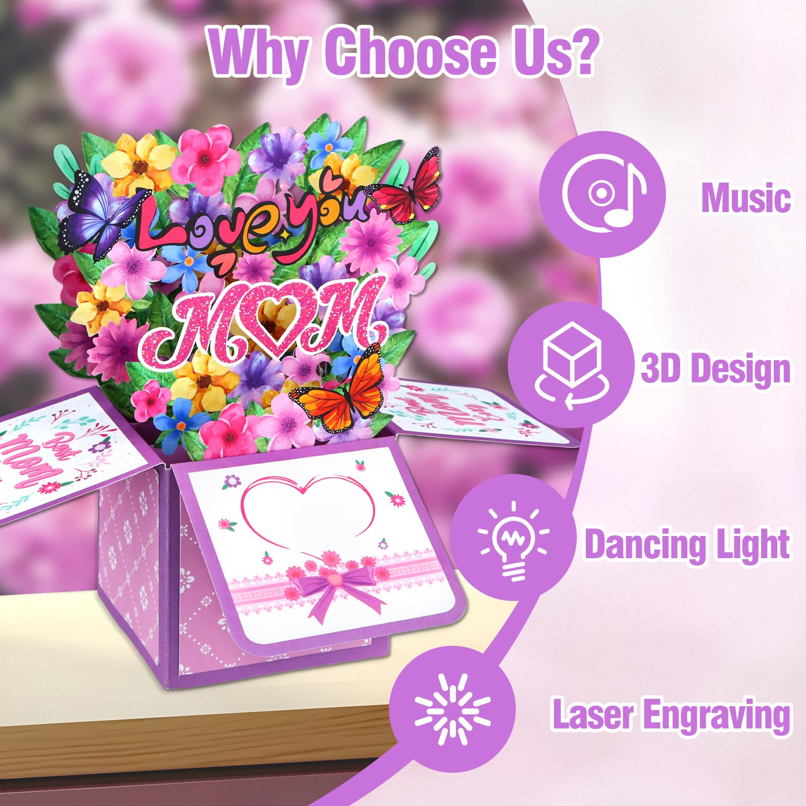 FaCraft Tarjeta musical desplegable para el día de la madre, luces 3D y música, con sobre e inserto en blanco para mamá, hija, tía, esposa, abuela de hija, hijo, marido (Love You Mom)