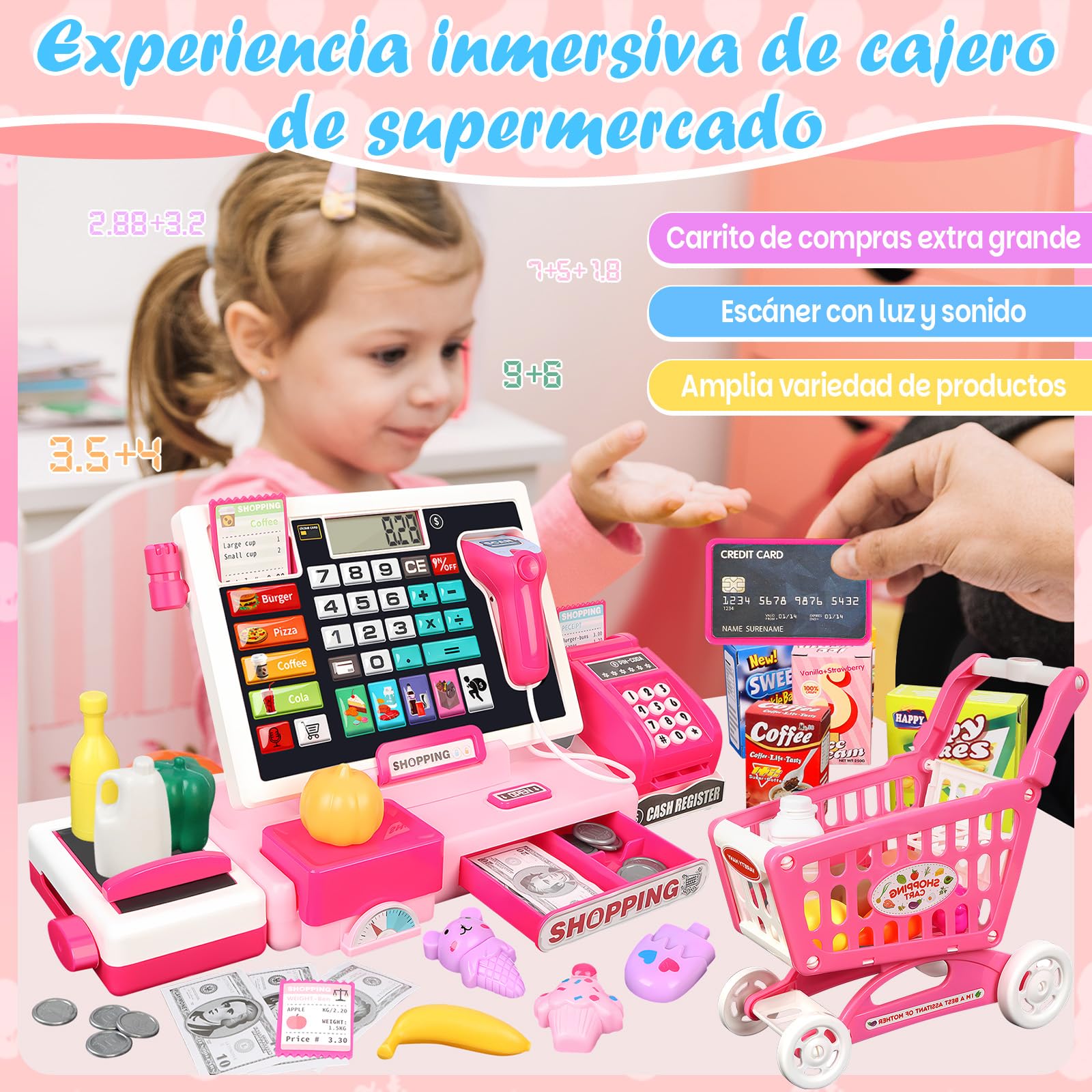 IEEILULU Caja Registradora Juguetes para Niños, Máquina Registradora Kit - con 52 PCS Accesorios(Escáner/Tarjeta de Crédito/ Dinero de Juguete), Caja Supermercado Juguete para NiñAs Niños 3+ Años