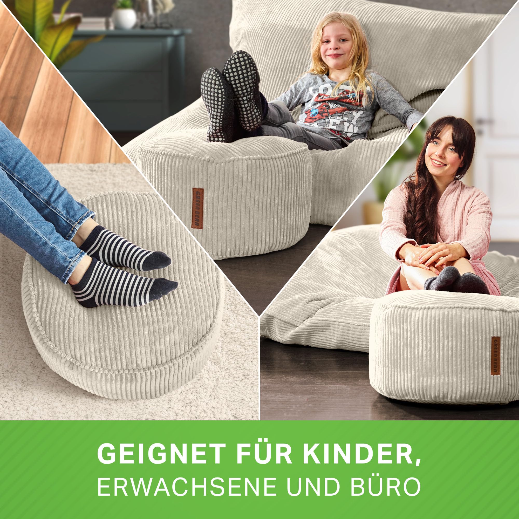 Green Bean Indoor Cord Sitzhocker Pouf Stay 45x25cm mit EPS-Perlen Füllung - kuschelig weich waschbar - die ideale Ergänzung zum Sitzsack für Kinder & Erwachsene - Beige