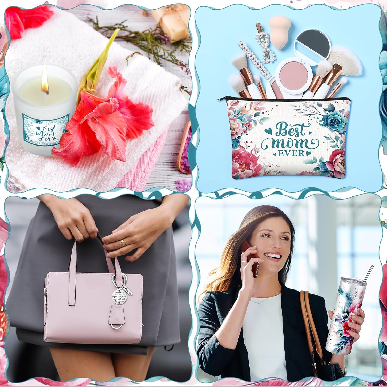 Chuangdi 6 Pcs Mother's Day Gifts Set for Mom Wife Best Mother Ever Gift Ink Floral 20oz Tumbler Cosmetic Bag Scented Candle Keychain from Son Daughter for Birthday(Natural,Blue)