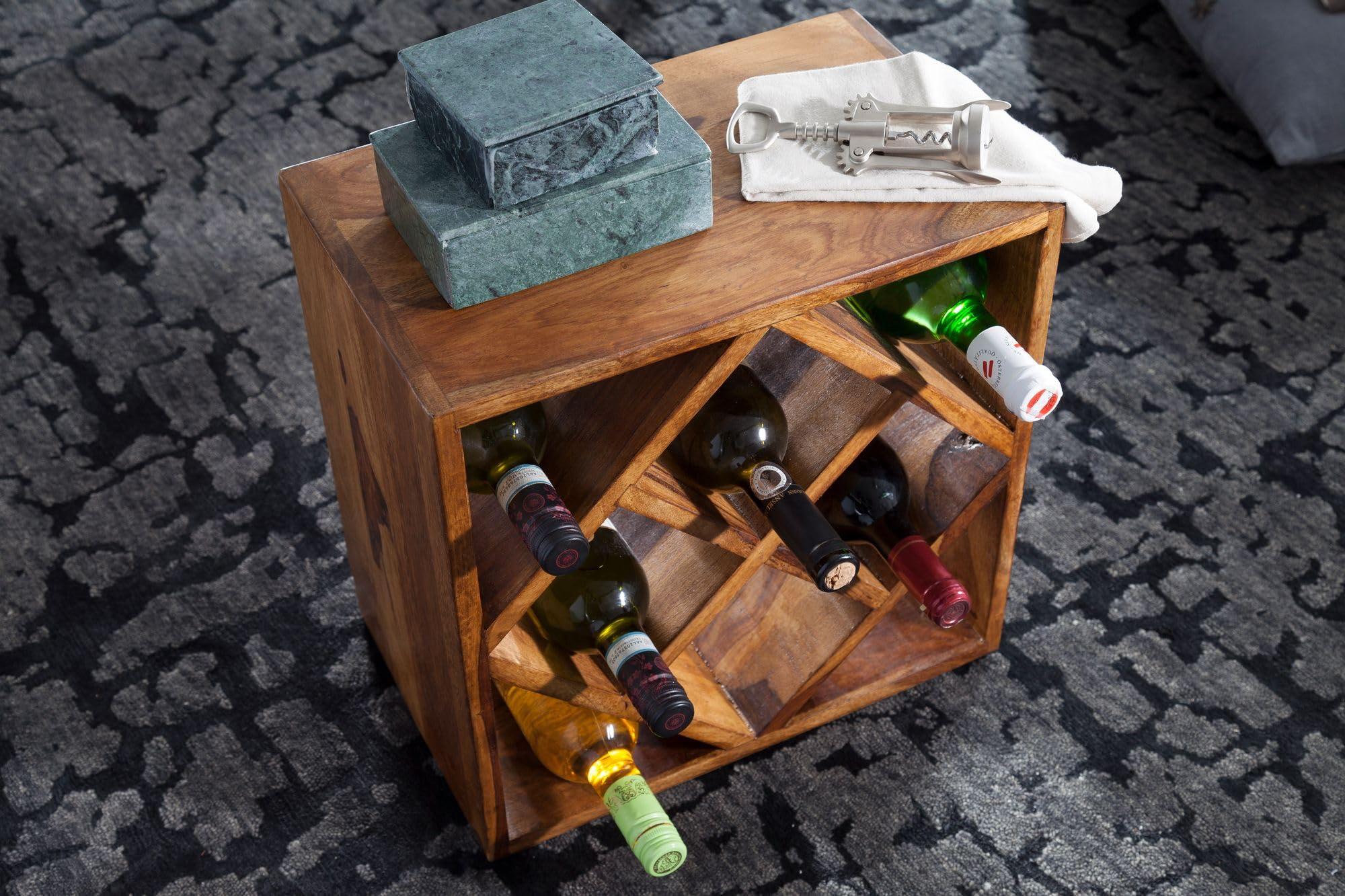 FineBuy Weinregal 40x25x40 cm Massivholz Braun für 8 Flaschen | kleines Flaschenregal stehend für die Küche, Standregal schmal, Weinhalter handgefertigt, Unikat