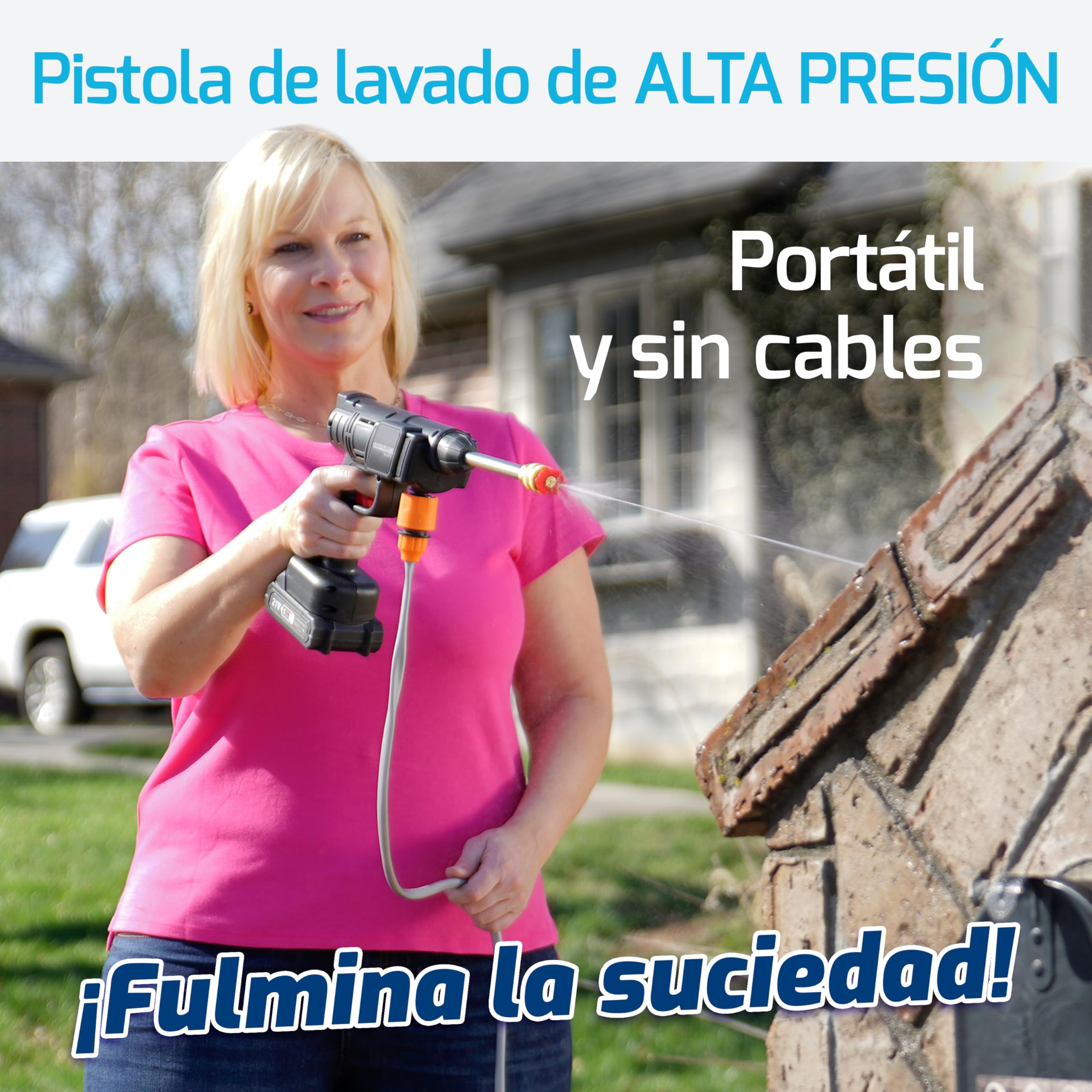 Press & Clean: Pistola de lavado de Alta Presión Portátil Sin Cables, Recargable. Accesorios: Cargador, Manguera presurizada con filtro, Dispensador jabón, Adaptador botellas, 2 Boquillas atomizadoras