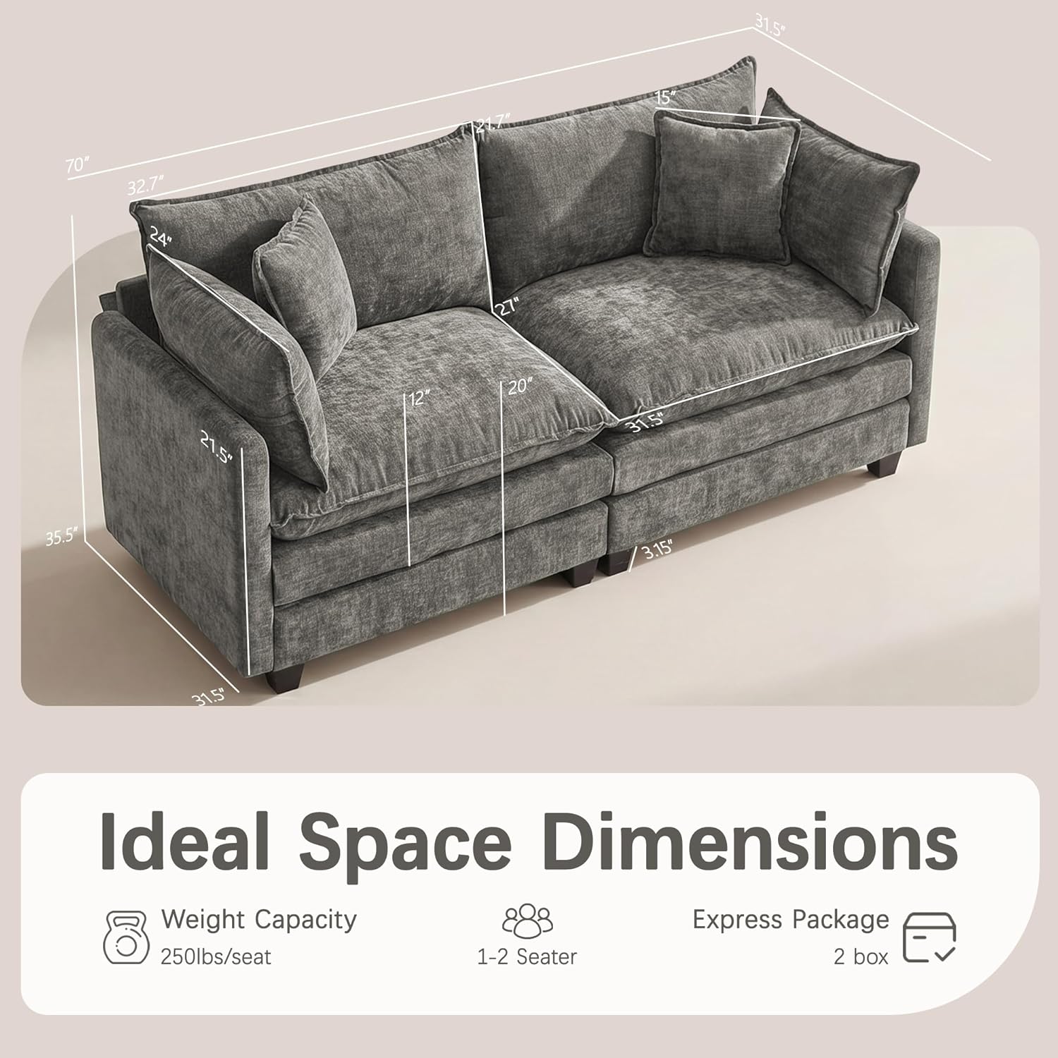 Oversized Loveseat Sofa, 70" Sectional Cloud Couch, 2 Seat Modern Comfy Sofa Chenille Deep Seat Couches with 2 Pillows, for Small Apartment, Living Room (Grey, 70" Loveseat)